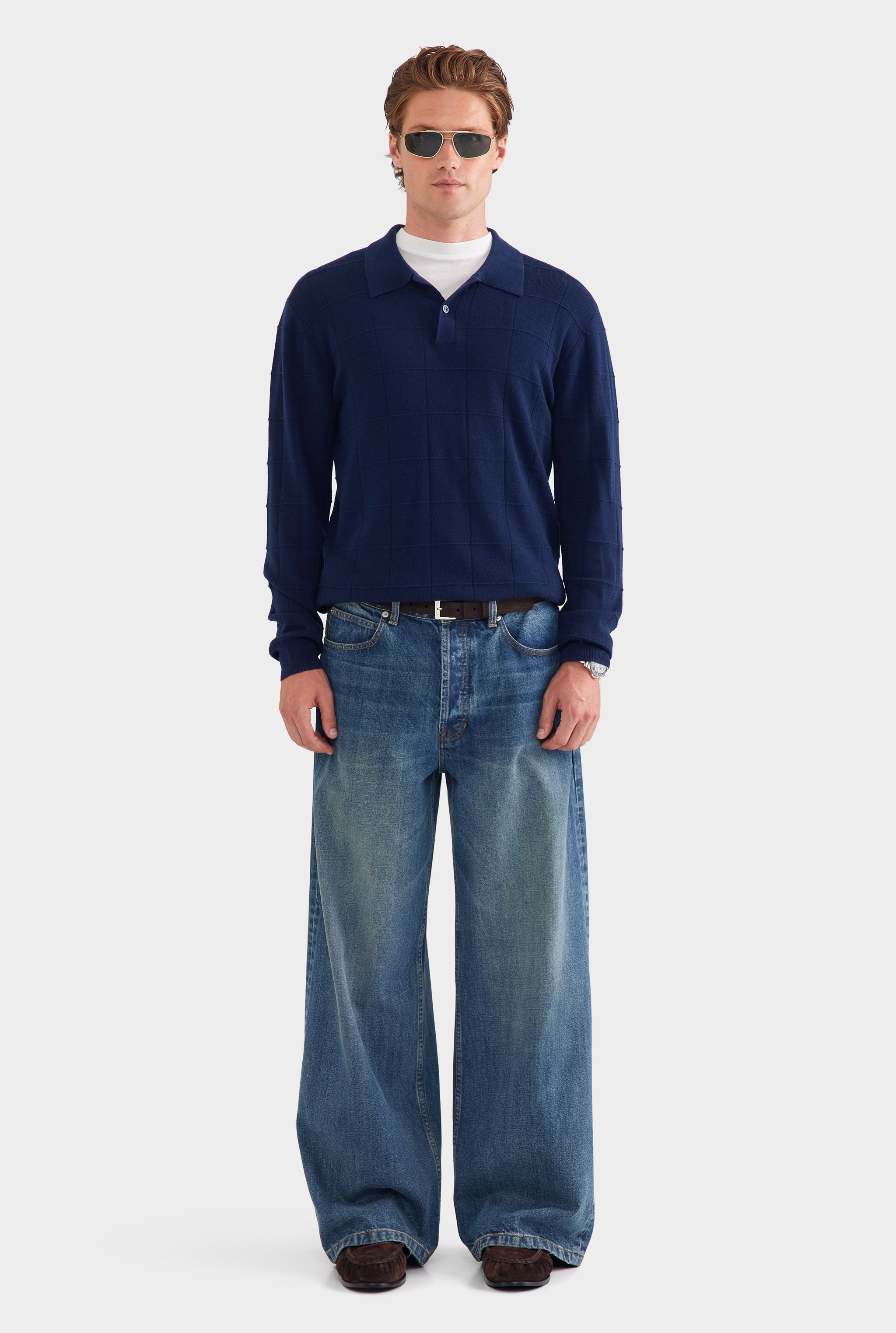 Merino Wool Check Knit Polo - Navy