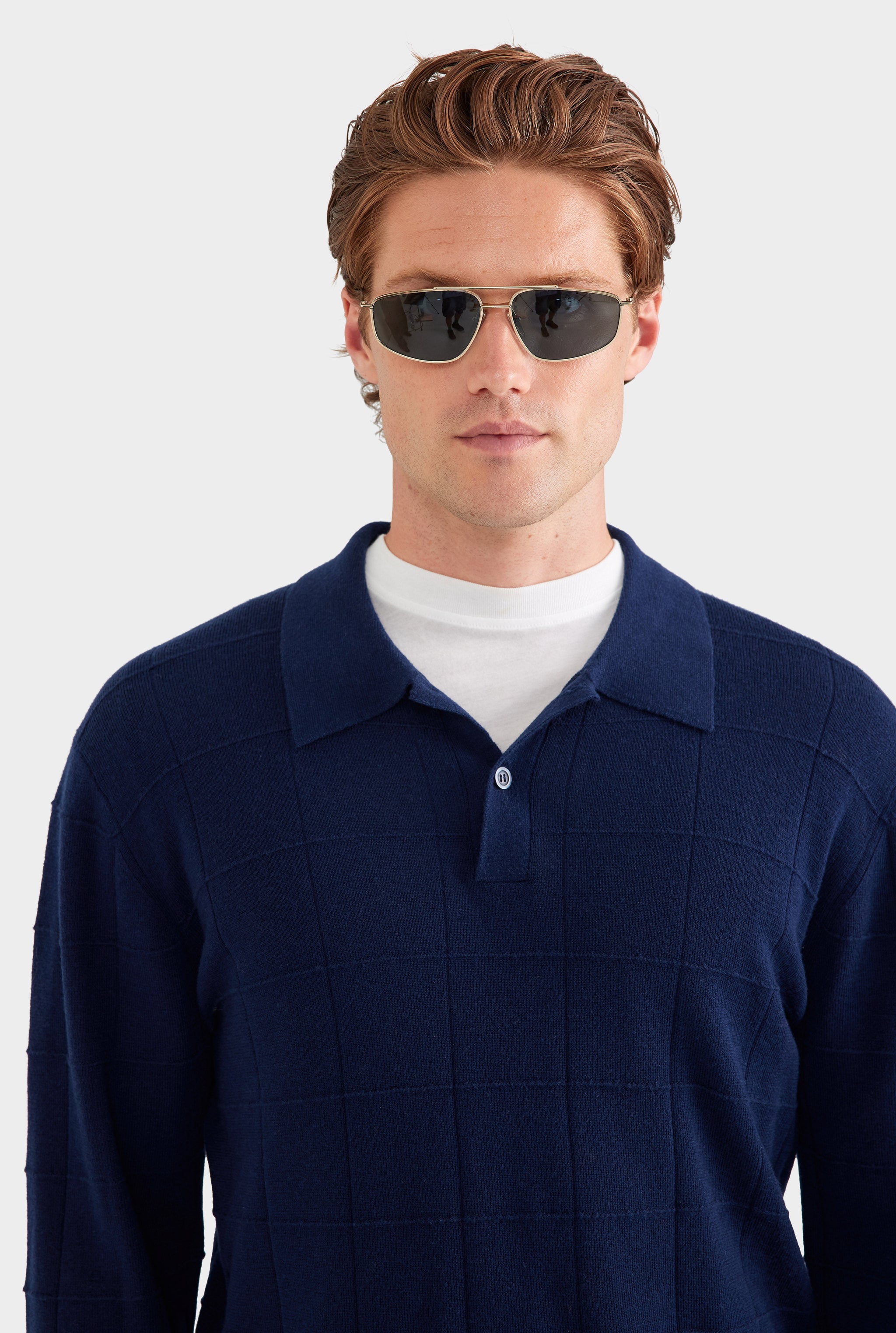 Merino Wool Check Knit Polo - Navy