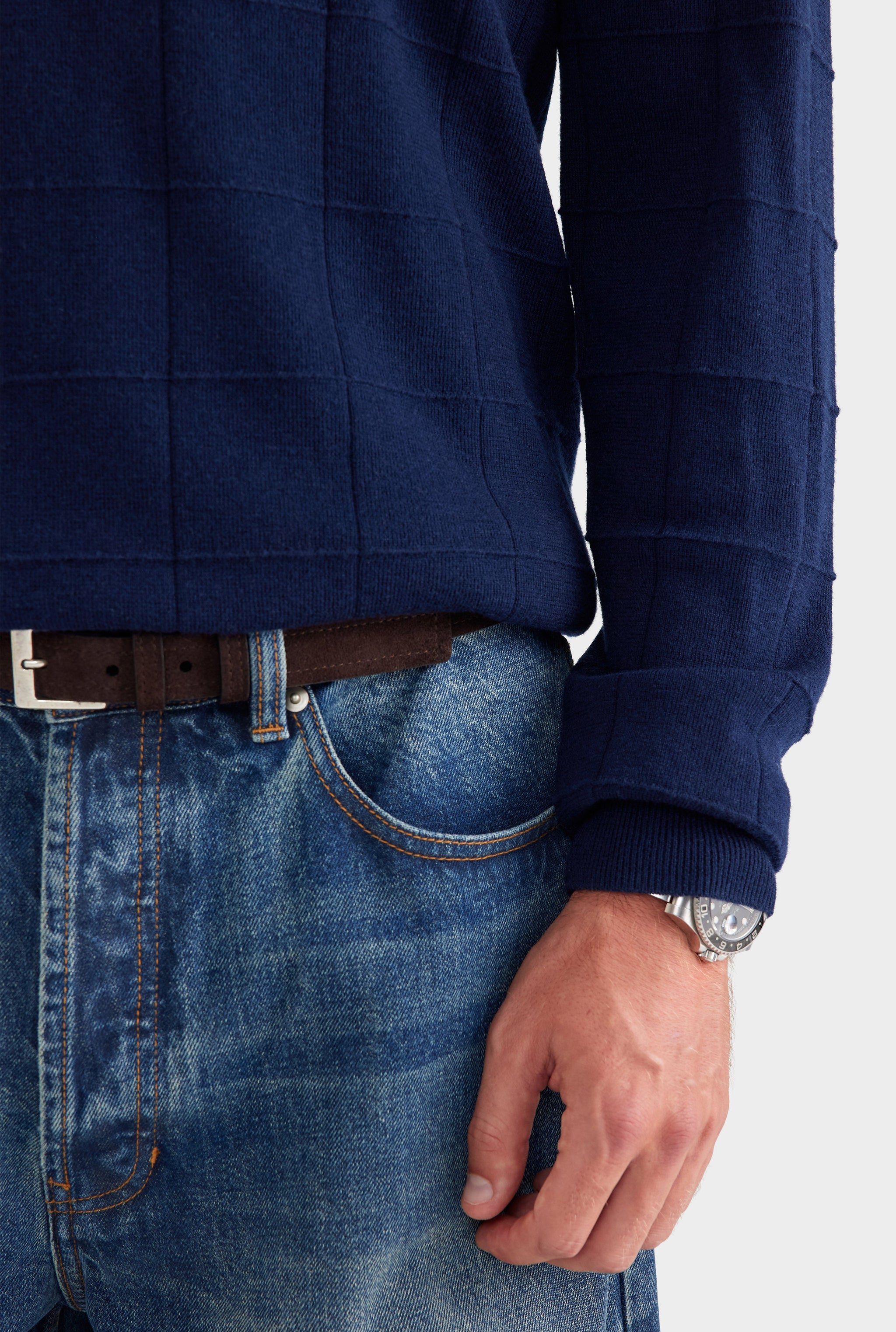 Merino Wool Check Knit Polo - Navy