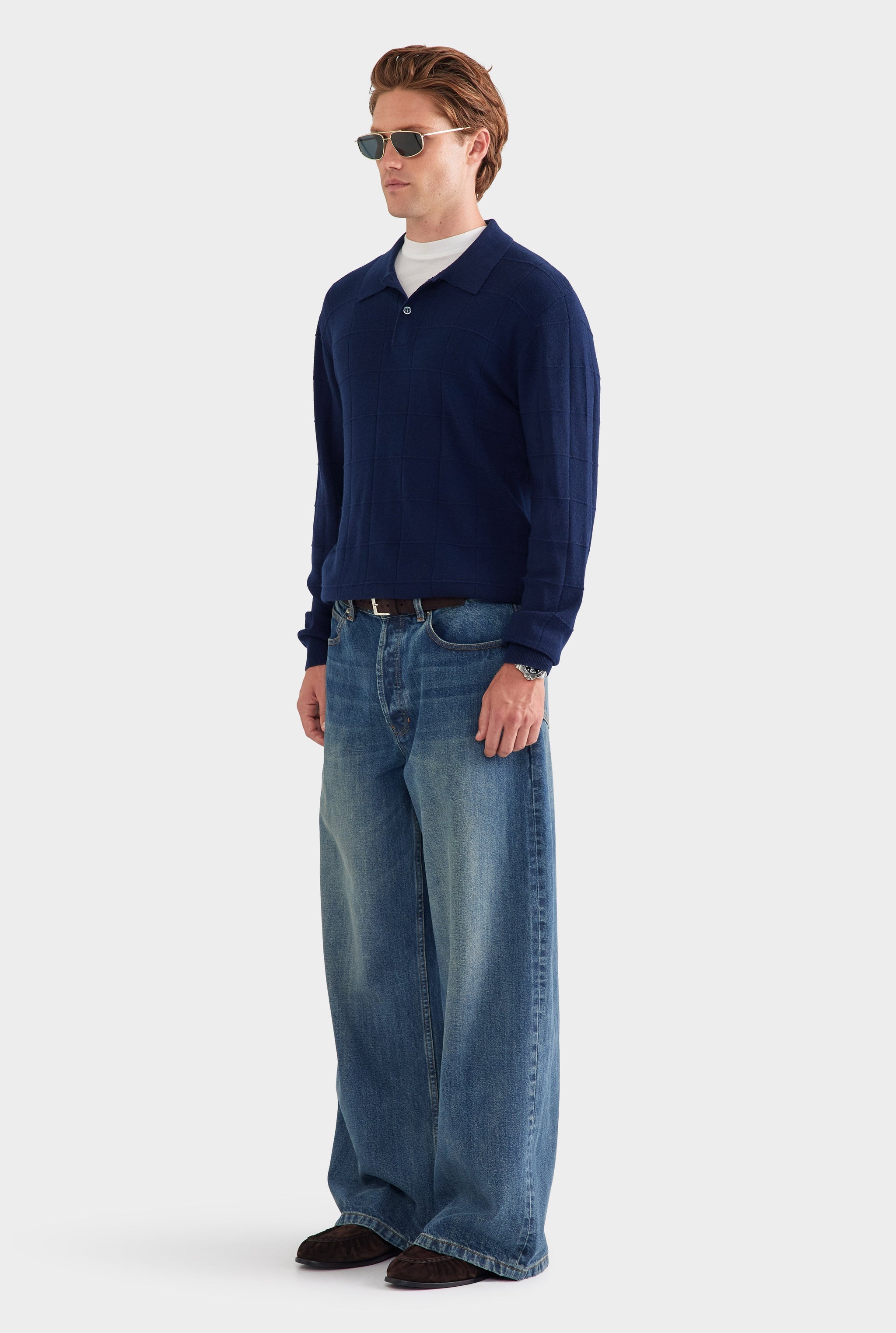 Merino Wool Check Knit Polo - Navy