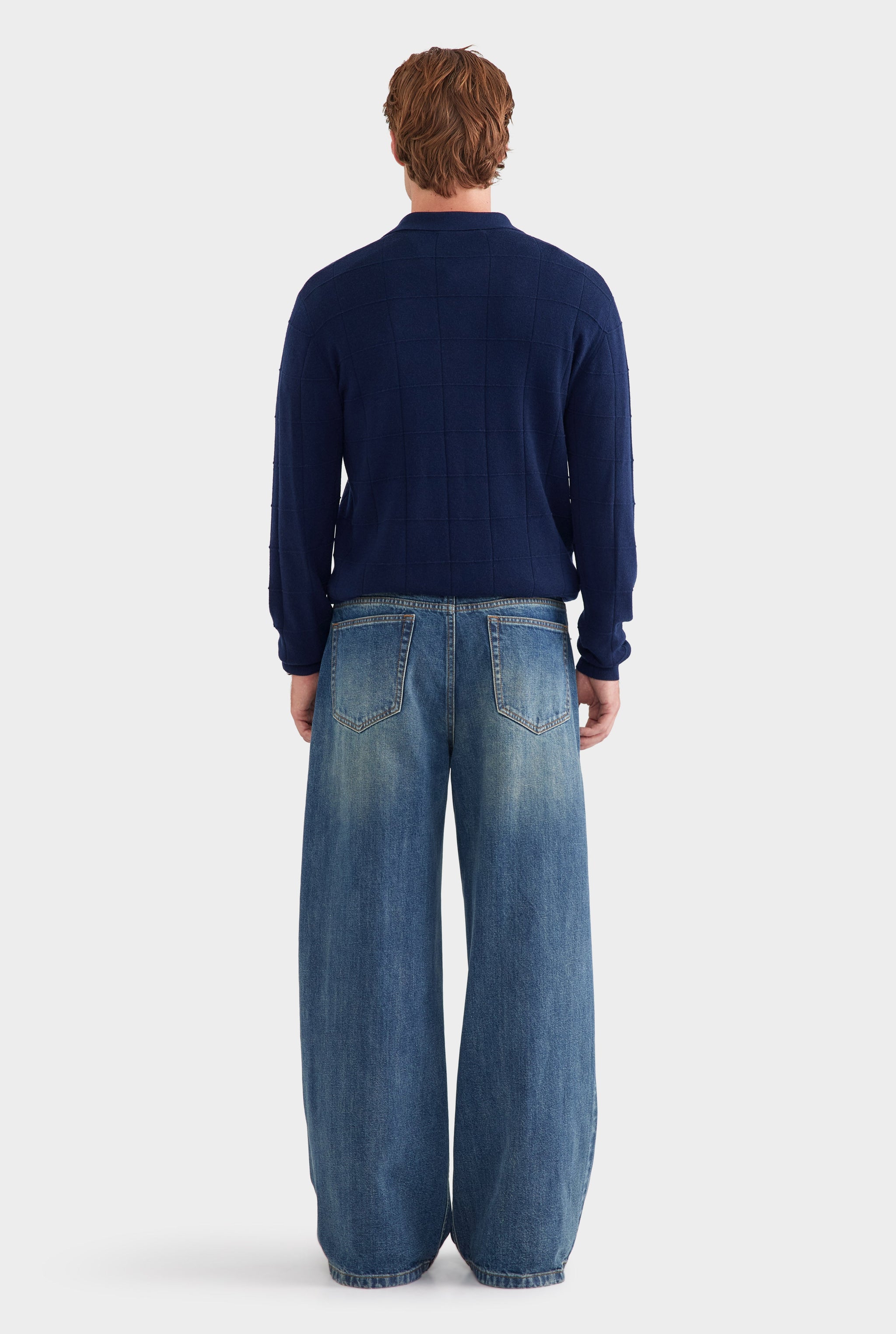 Merino Wool Check Knit Polo - Navy