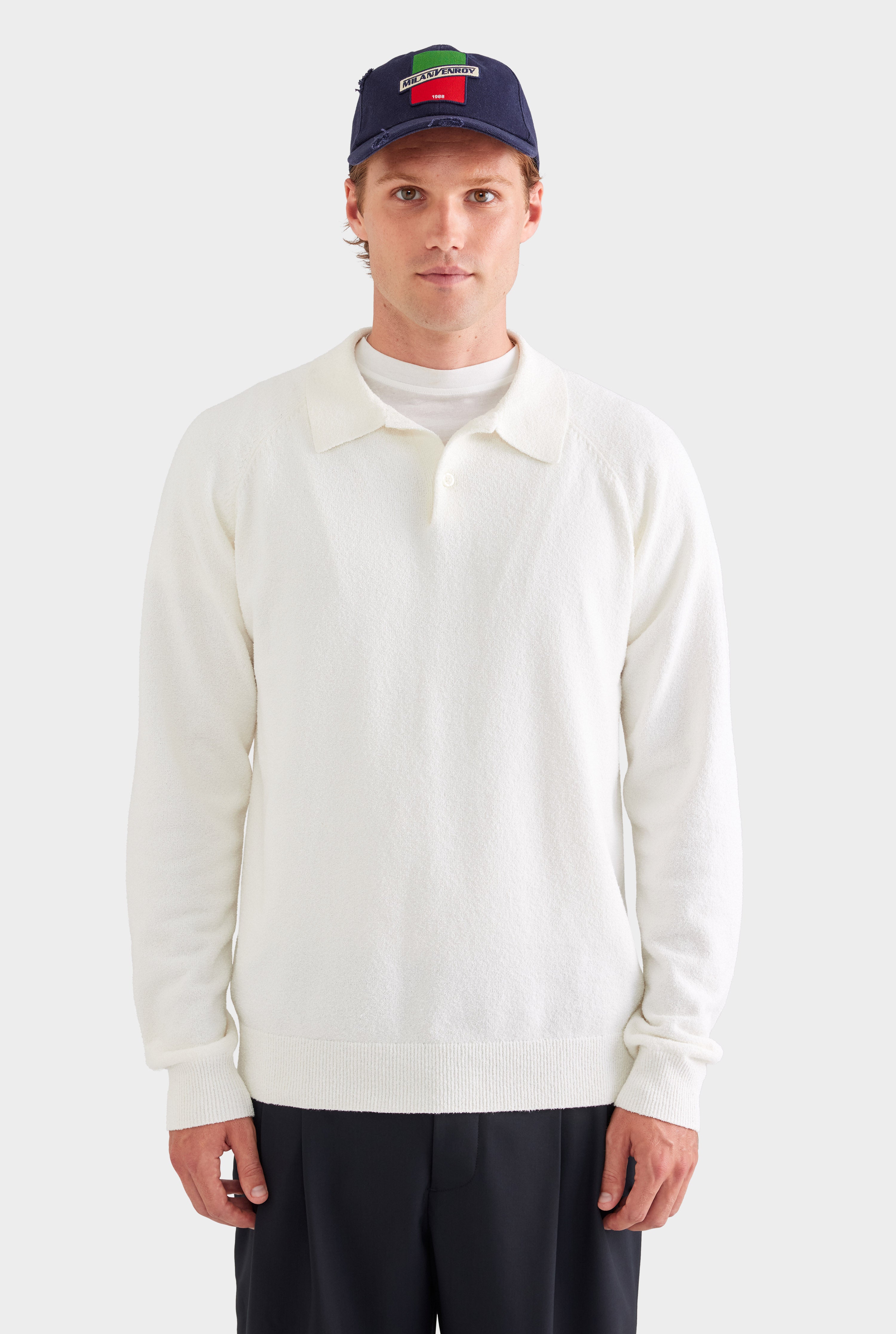 Long Sleeve Boucle Knit Polo - Off White