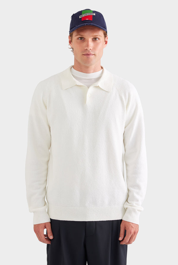Long Sleeve Boucle Knit Polo - Off White