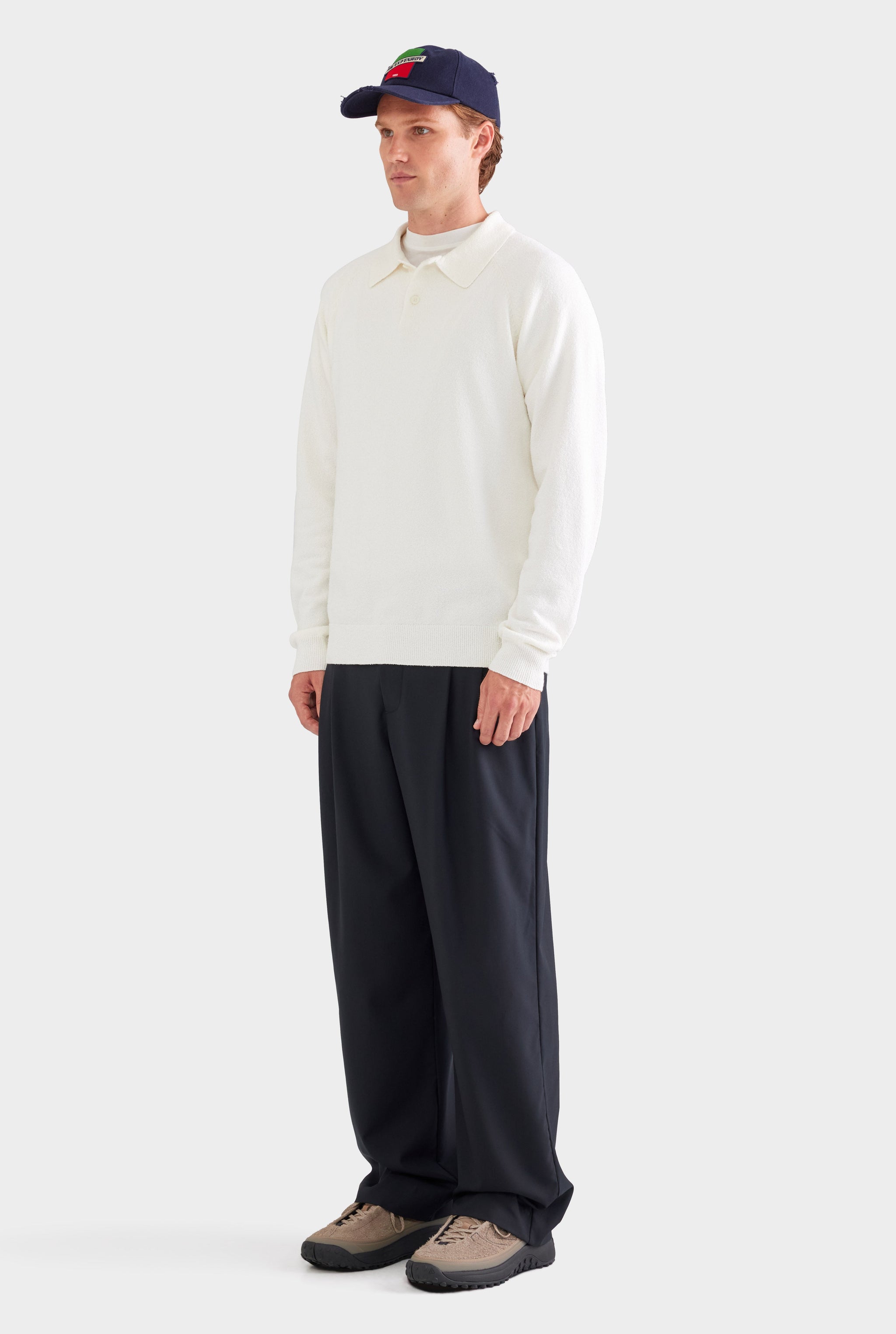 Long Sleeve Boucle Knit Polo - Off White