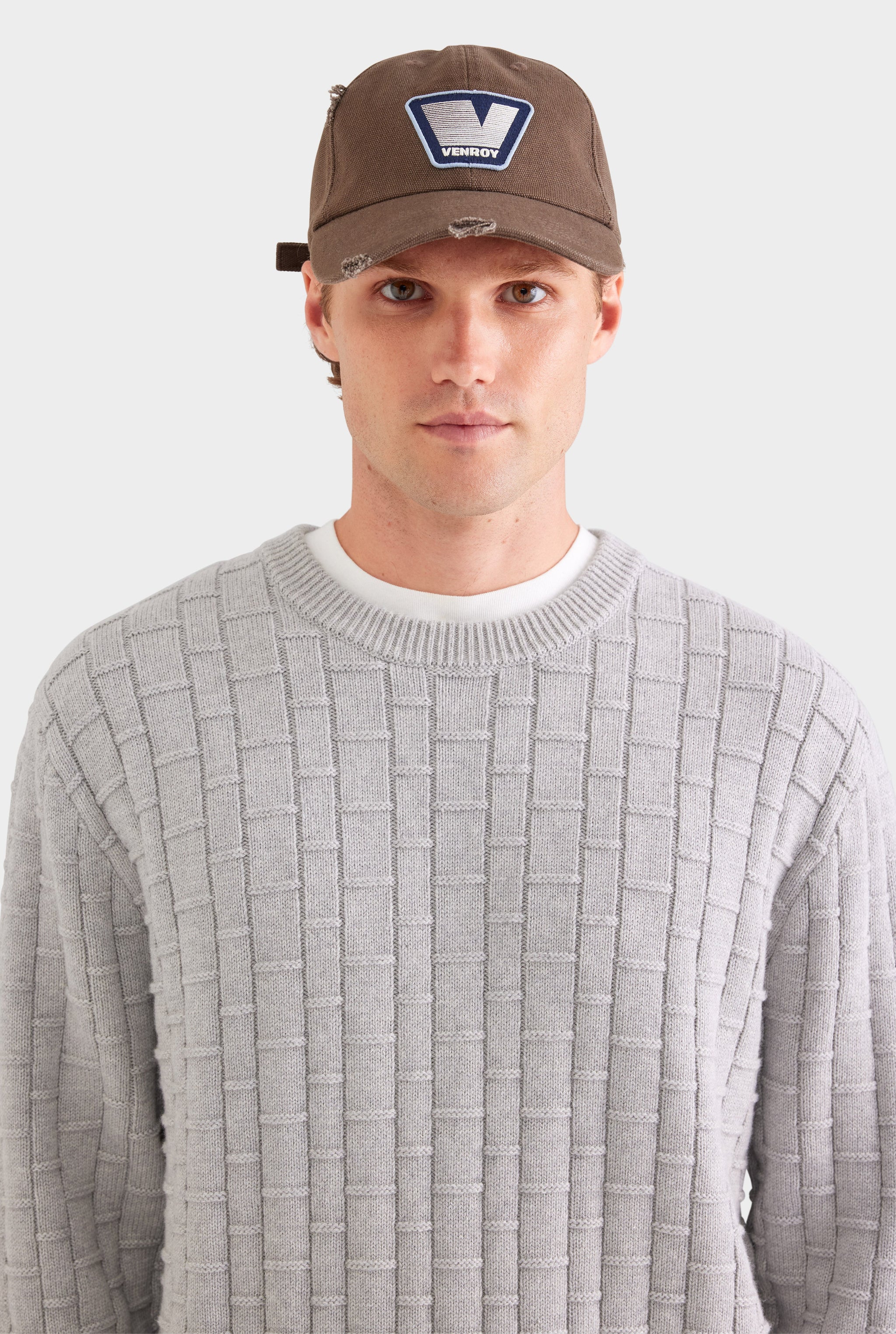 Cotton Cashmere Check Crewneck Sweater - Light Grey Marl