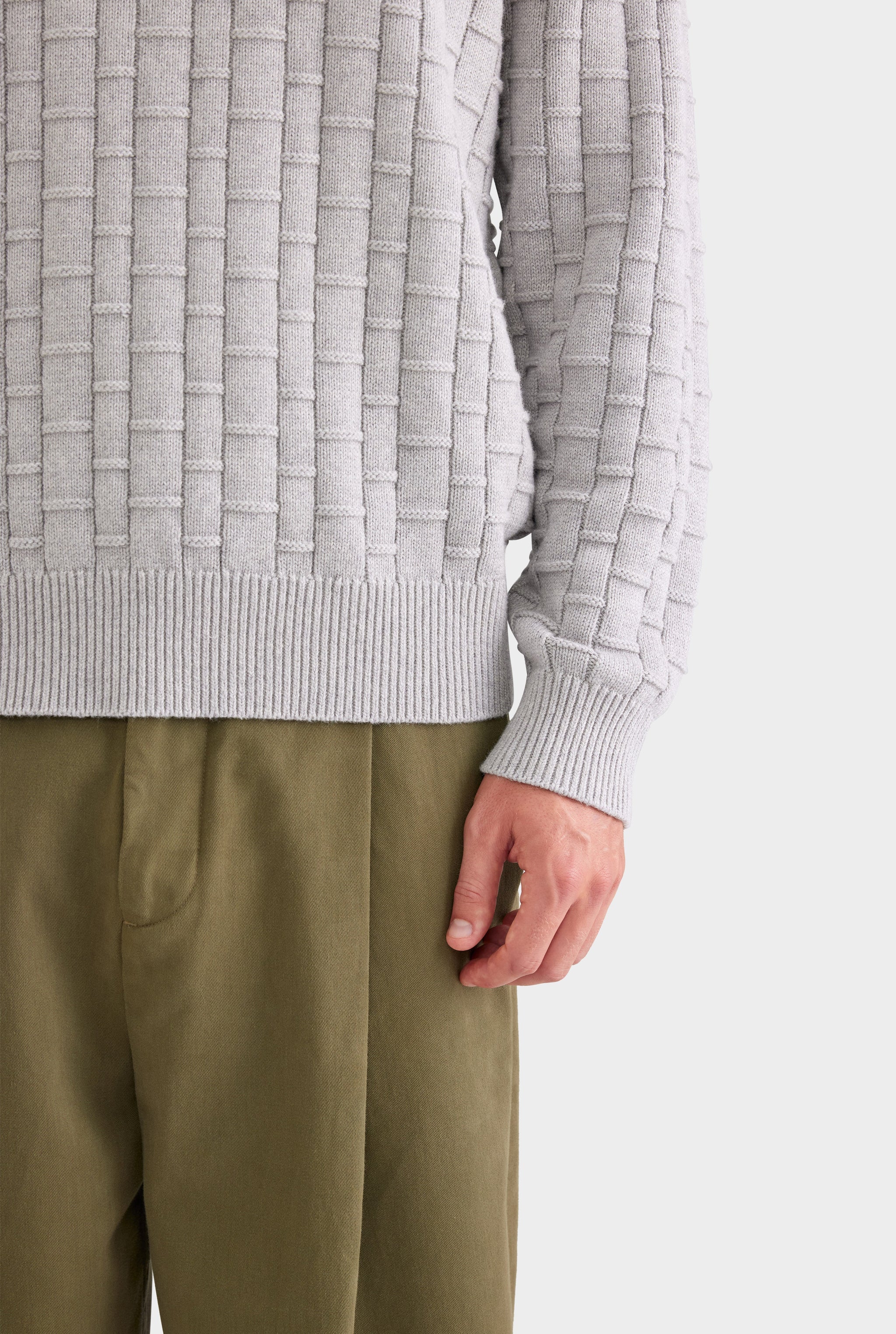 Cotton Cashmere Check Crewneck Sweater - Light Grey Marl