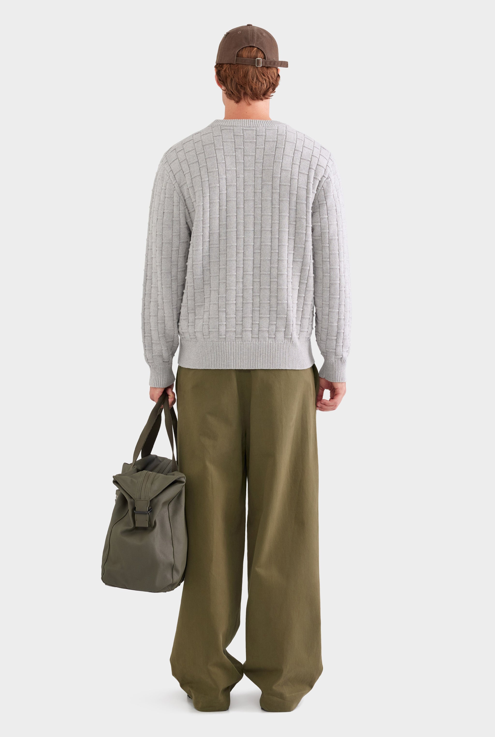 Cotton Cashmere Check Crewneck Sweater - Light Grey Marl