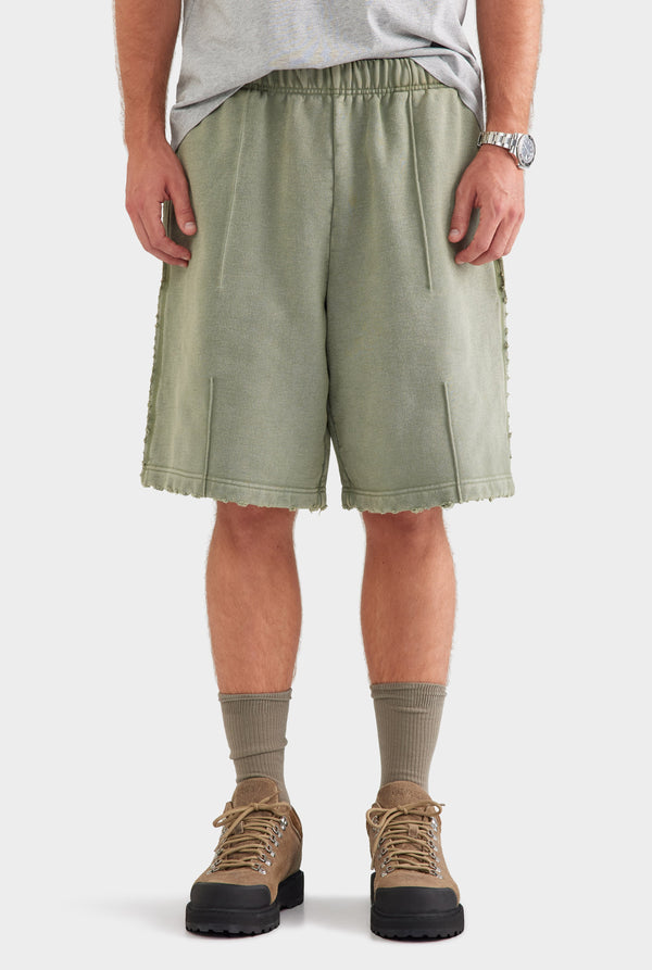 Distressed Heavyweight Track Short - Washed Olive