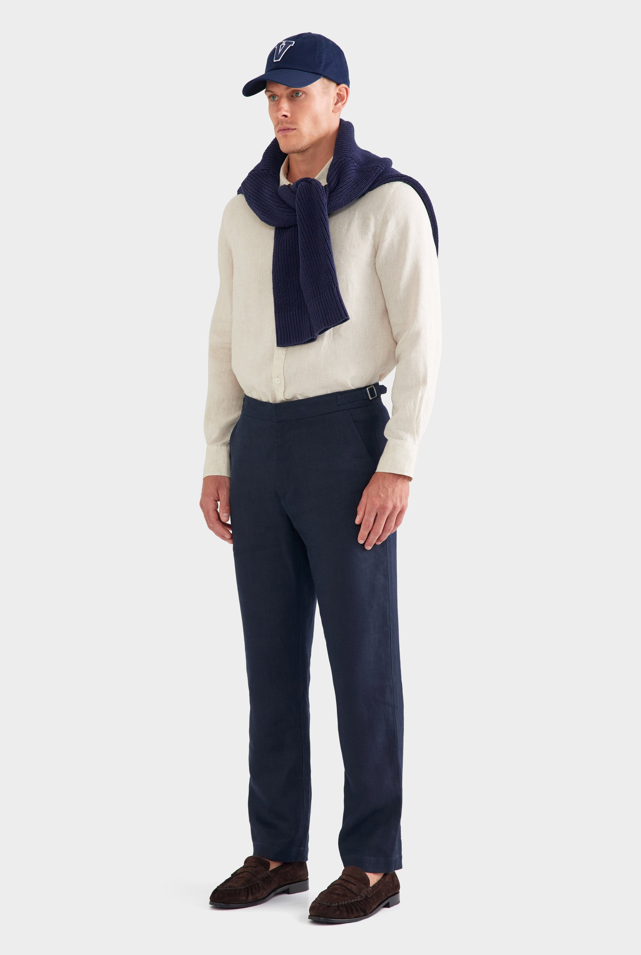 Tailored Linen Side Tab Trouser - Navy