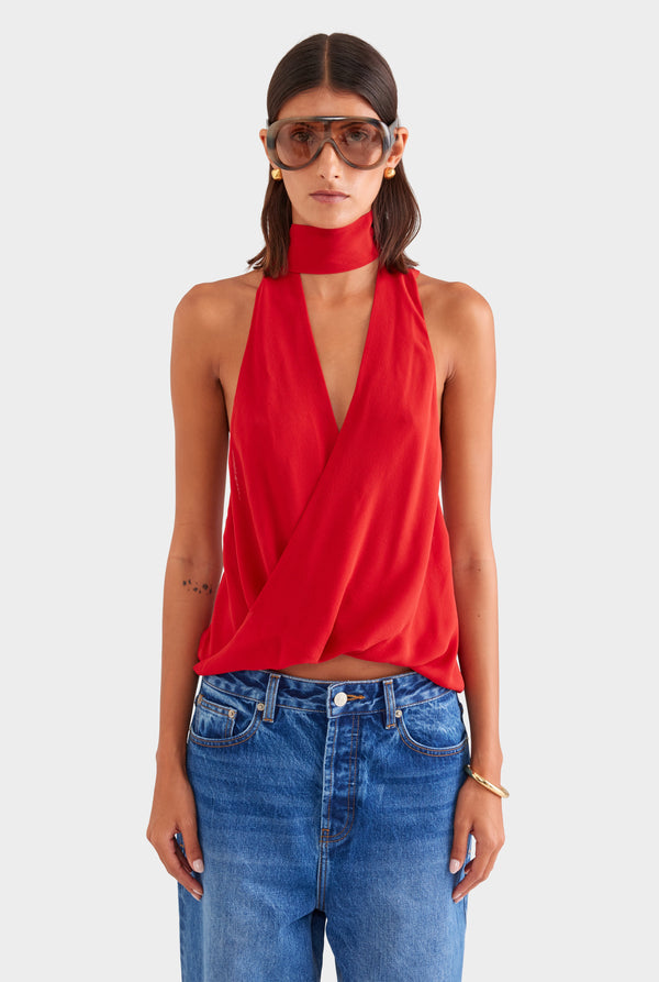 Silk Twist Plunge Top - Red
