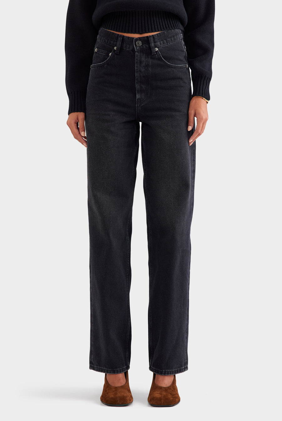 V Front Denim Jean - Washed Black