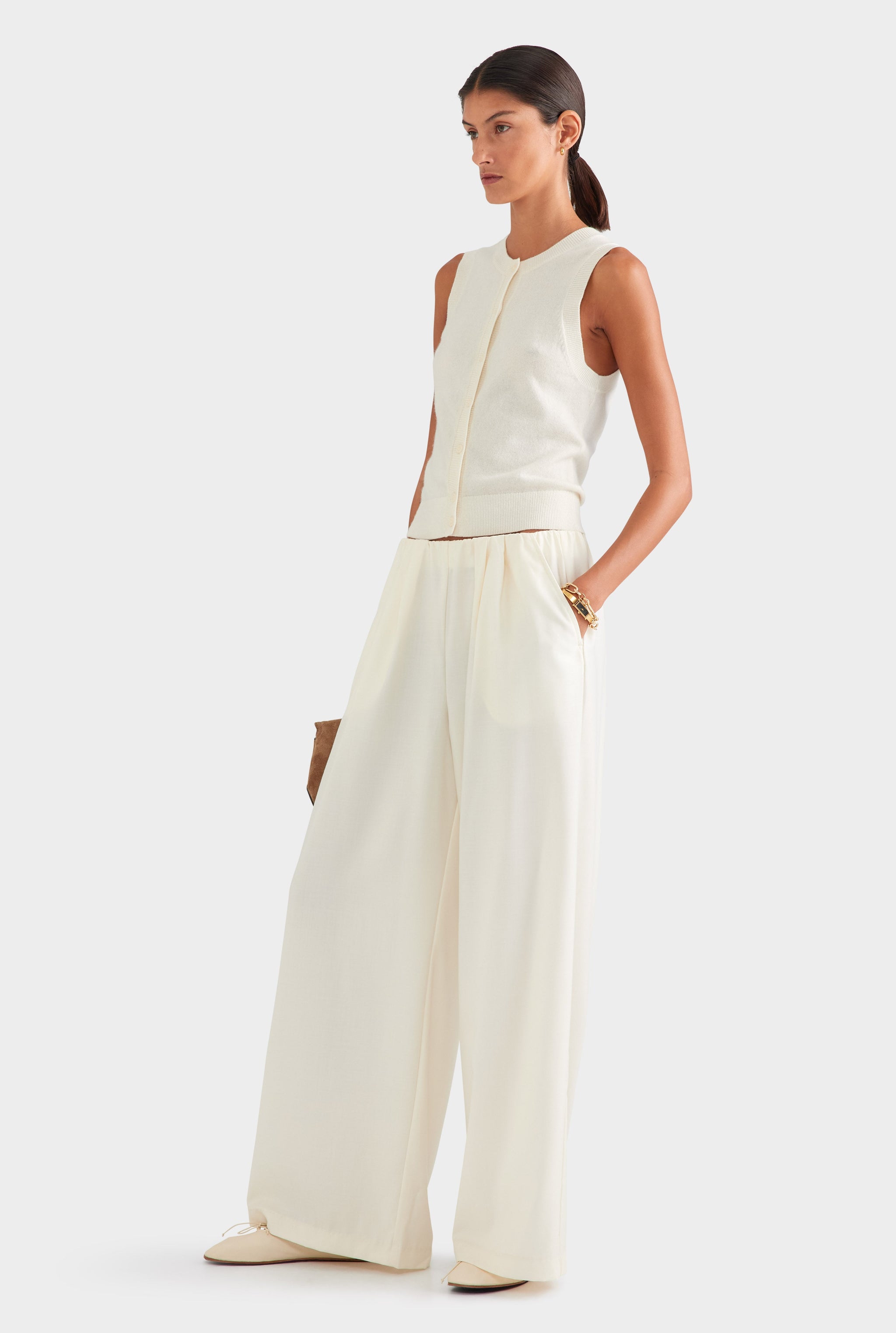 Relaxed Wool Wide Leg Trouser - Cream