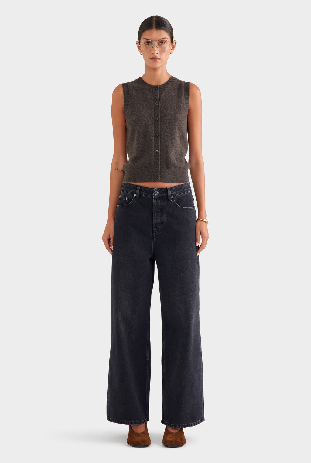 Cashmere Button Through Tank - Chocolate Marl