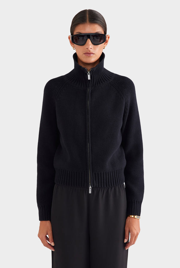 Cotton Funnel Neck Zip Up Sweater - Black