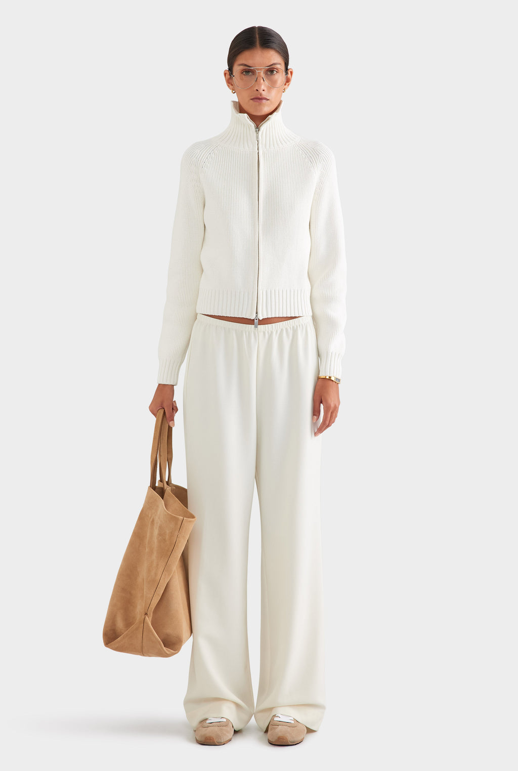 Cotton Funnel Neck Zip Up Sweater - White