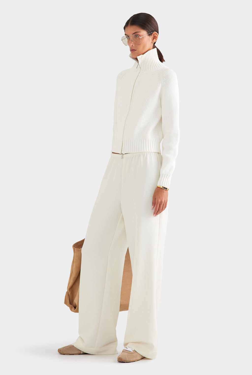 Cotton Funnel Neck Zip Up Sweater - White