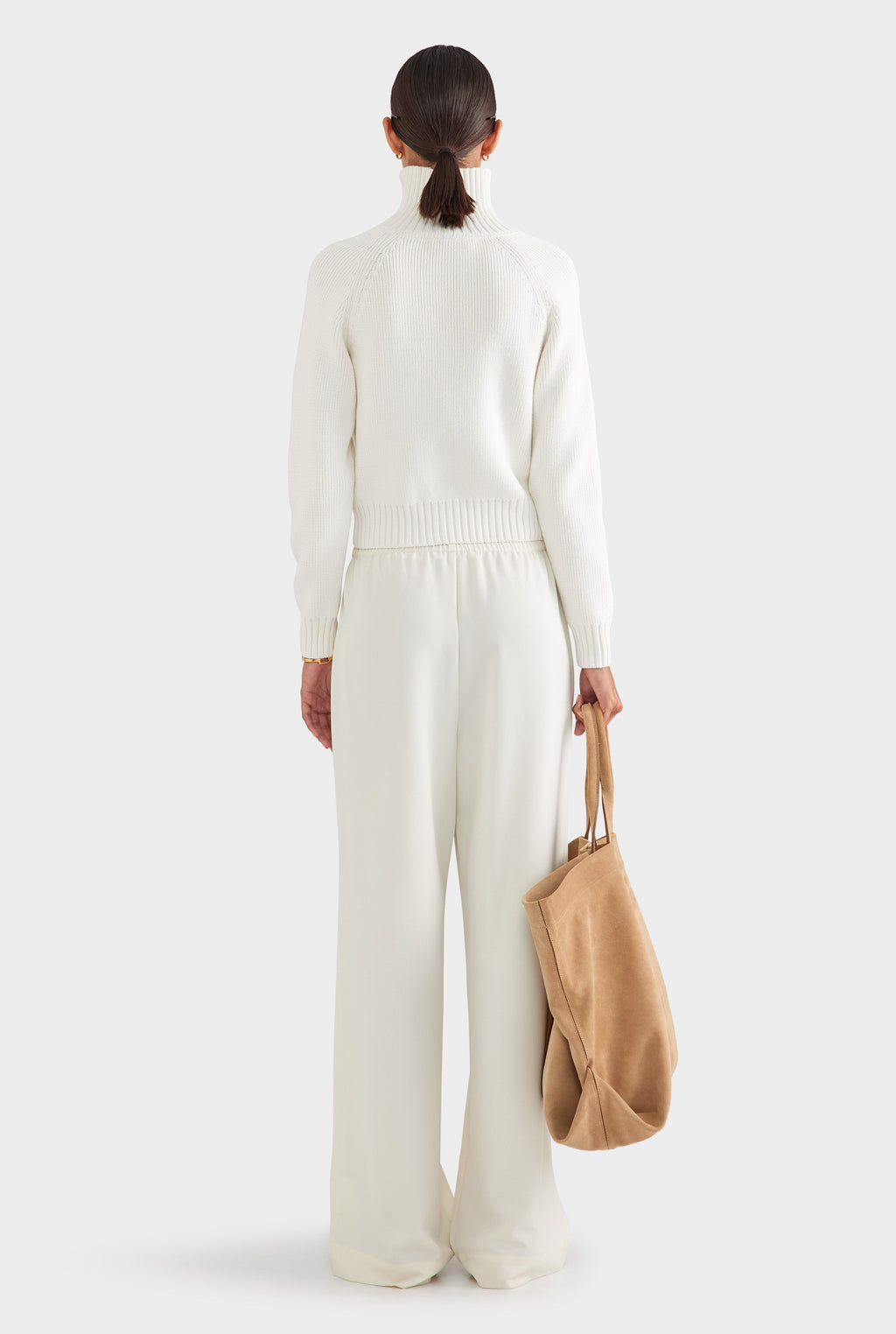 Cotton Funnel Neck Zip Up Sweater - White