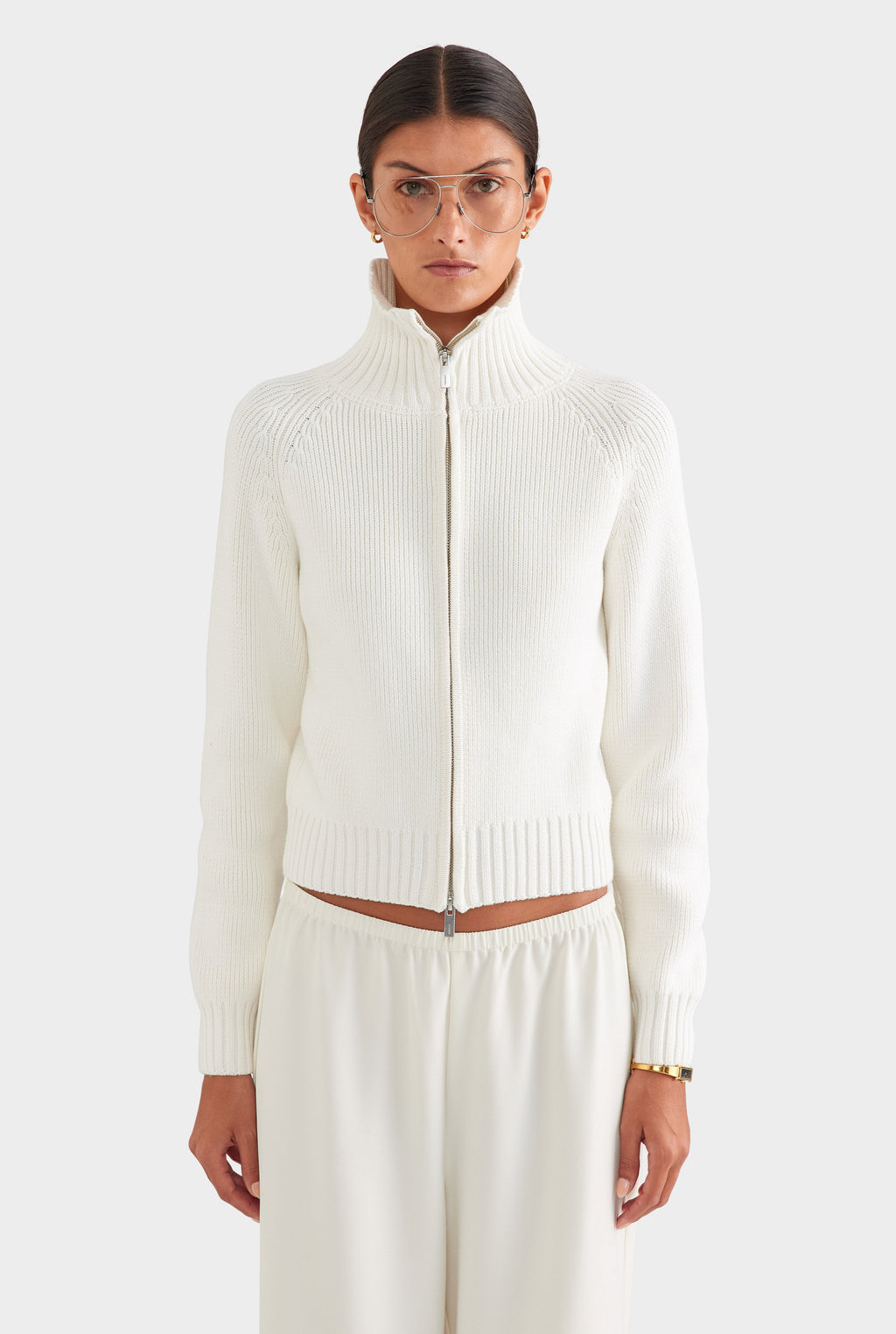 Cotton Funnel Neck Zip Up Sweater - White