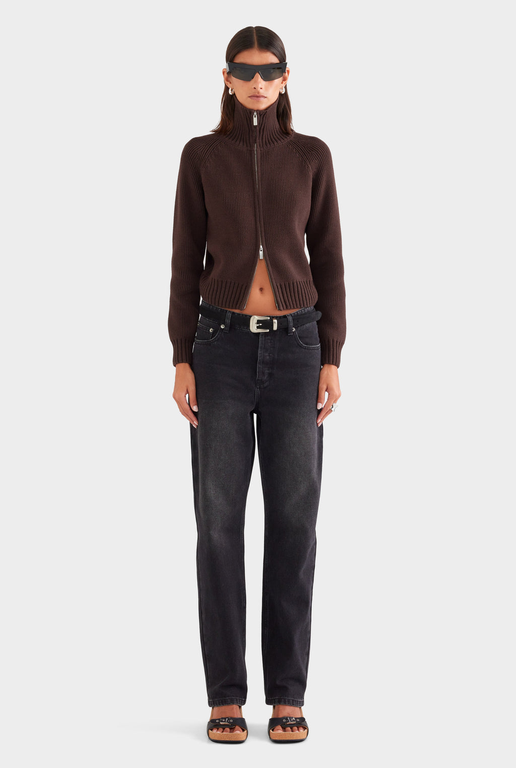 Cotton Funnel Neck Zip Up Sweater - Chocolate
