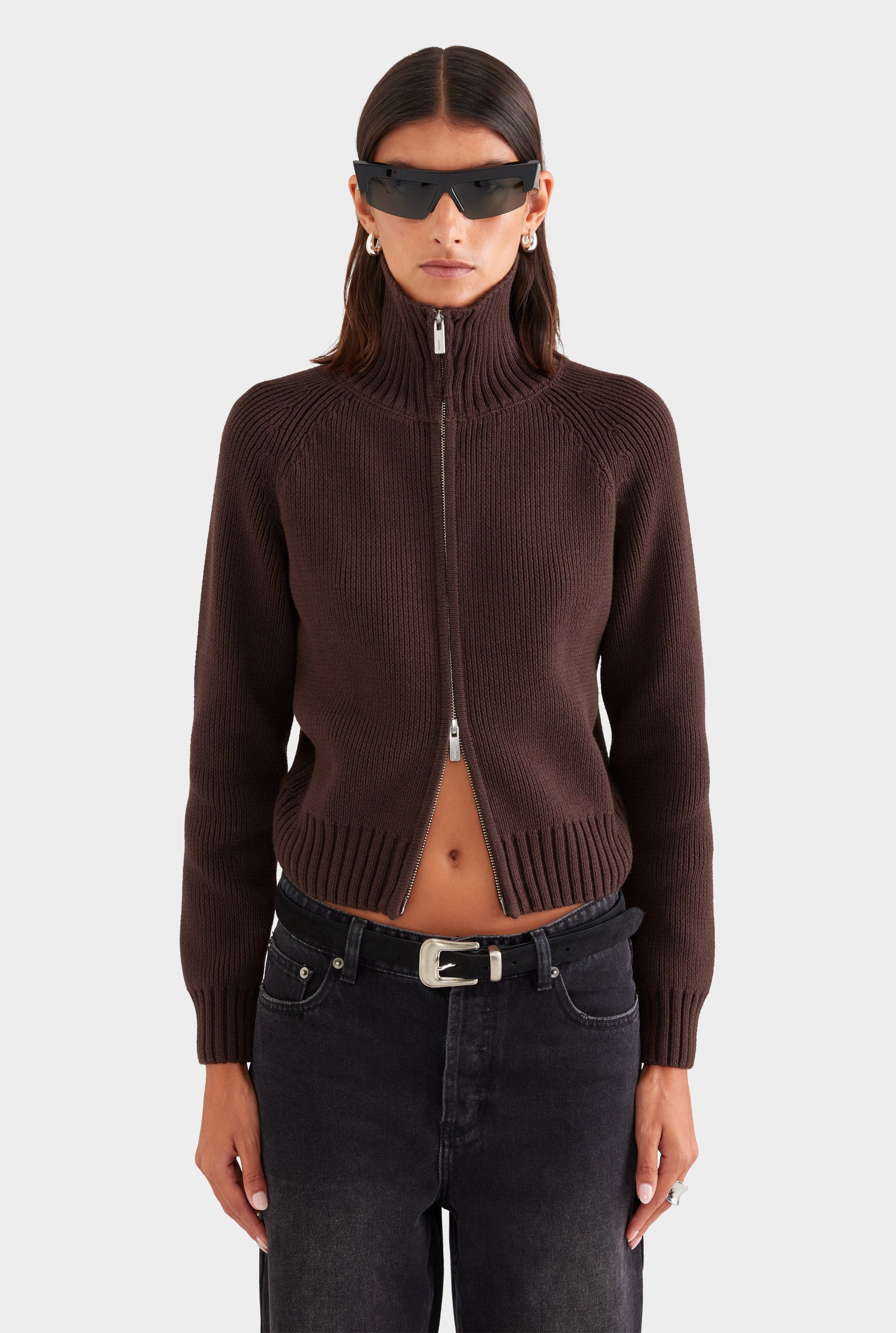 Cotton Funnel Neck Zip Up Sweater - Chocolate