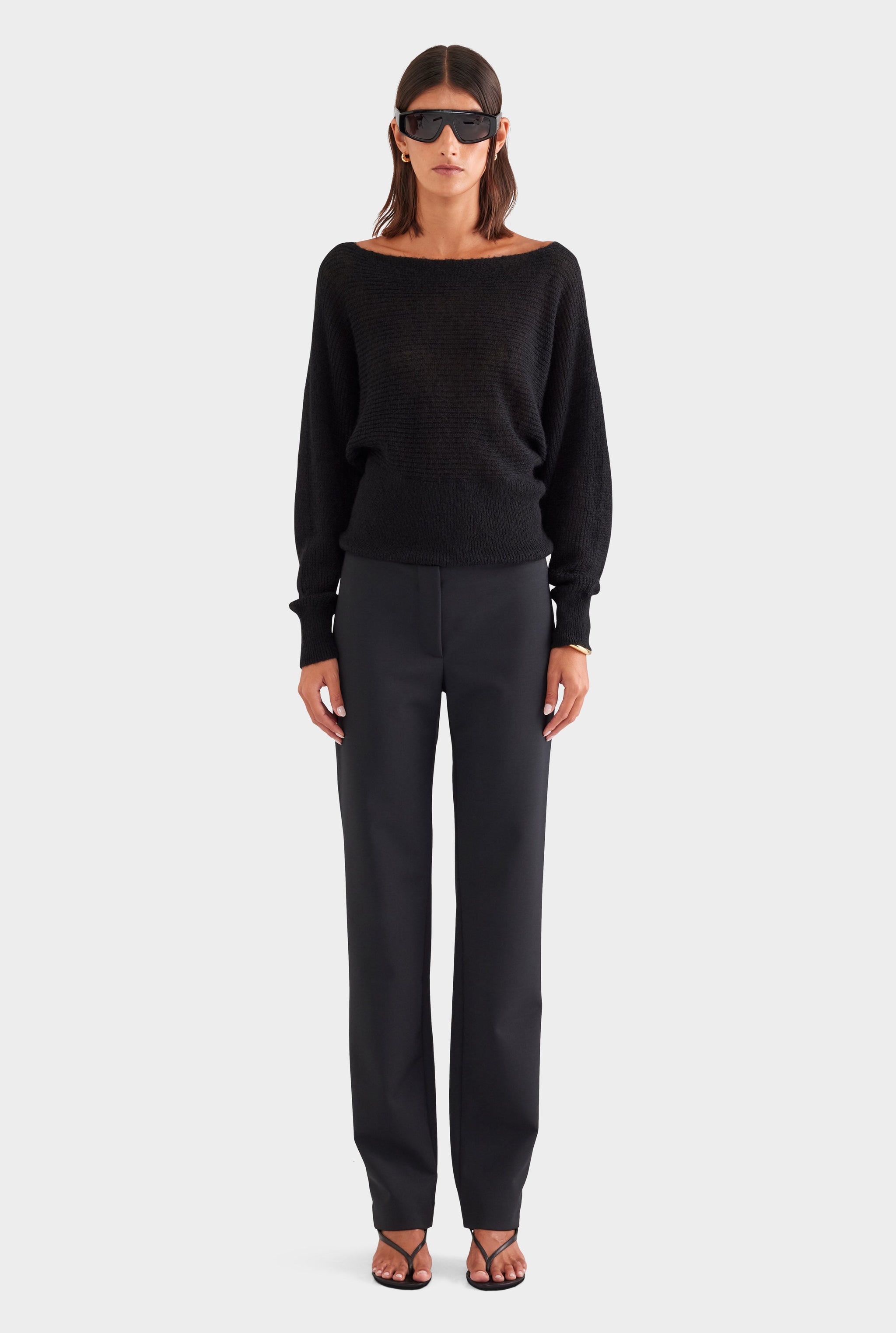 Wool Mohair Boat Neck Sweater - Black