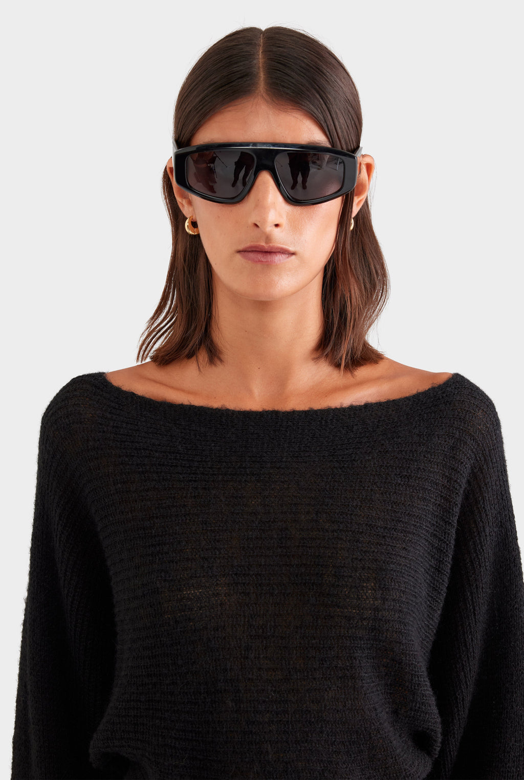 Wool Mohair Boat Neck Sweater - Black