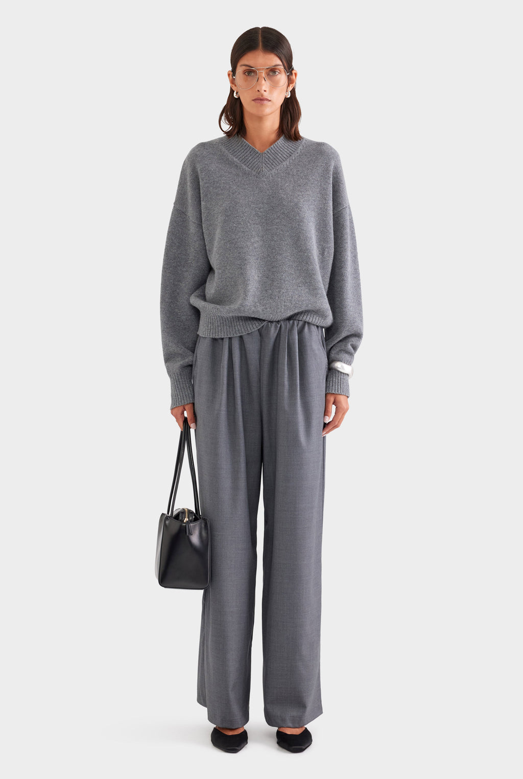Wool Cashmere V Neck Sweater - Charcoal Marl