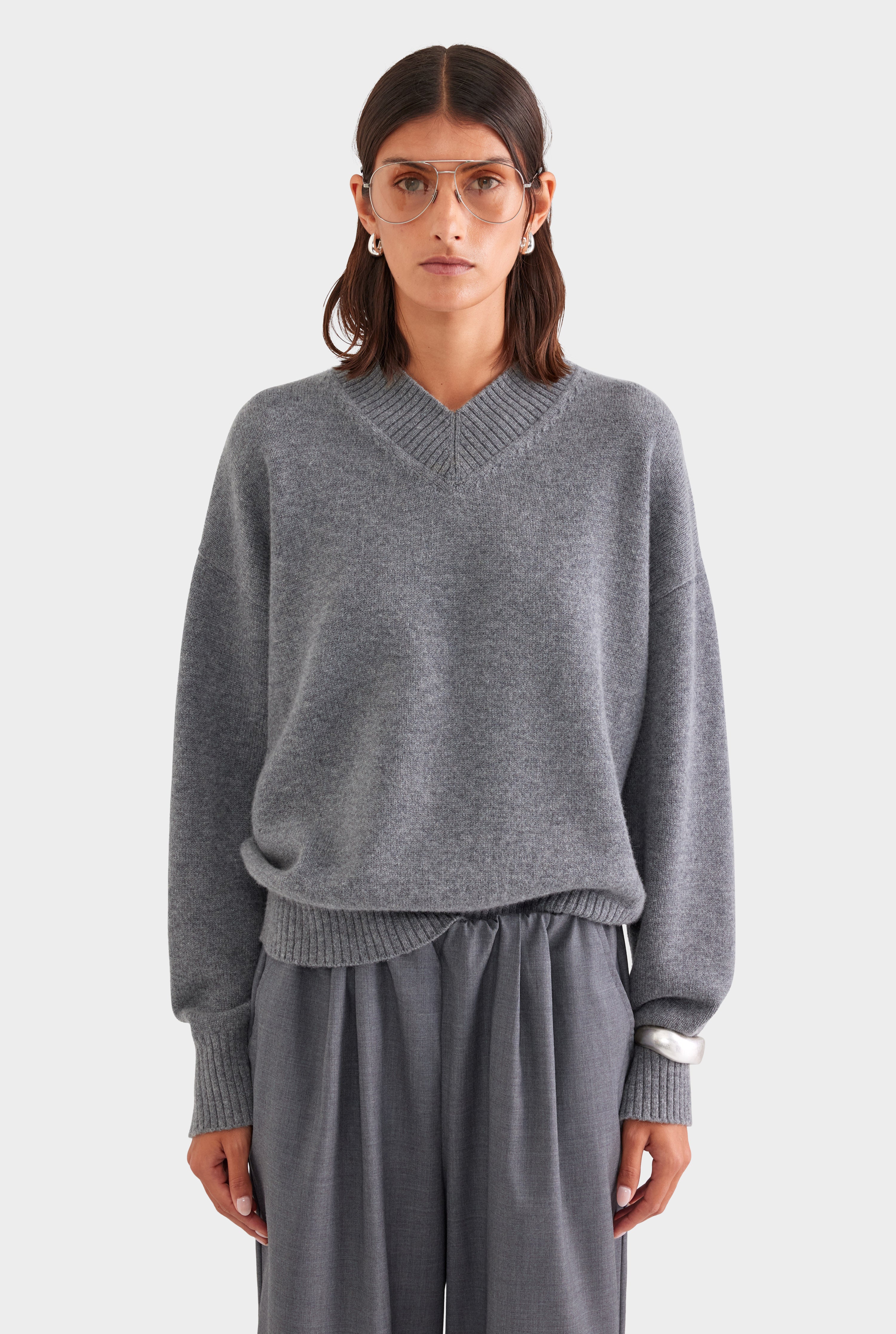 Wool Cashmere V Neck Sweater - Charcoal Marl