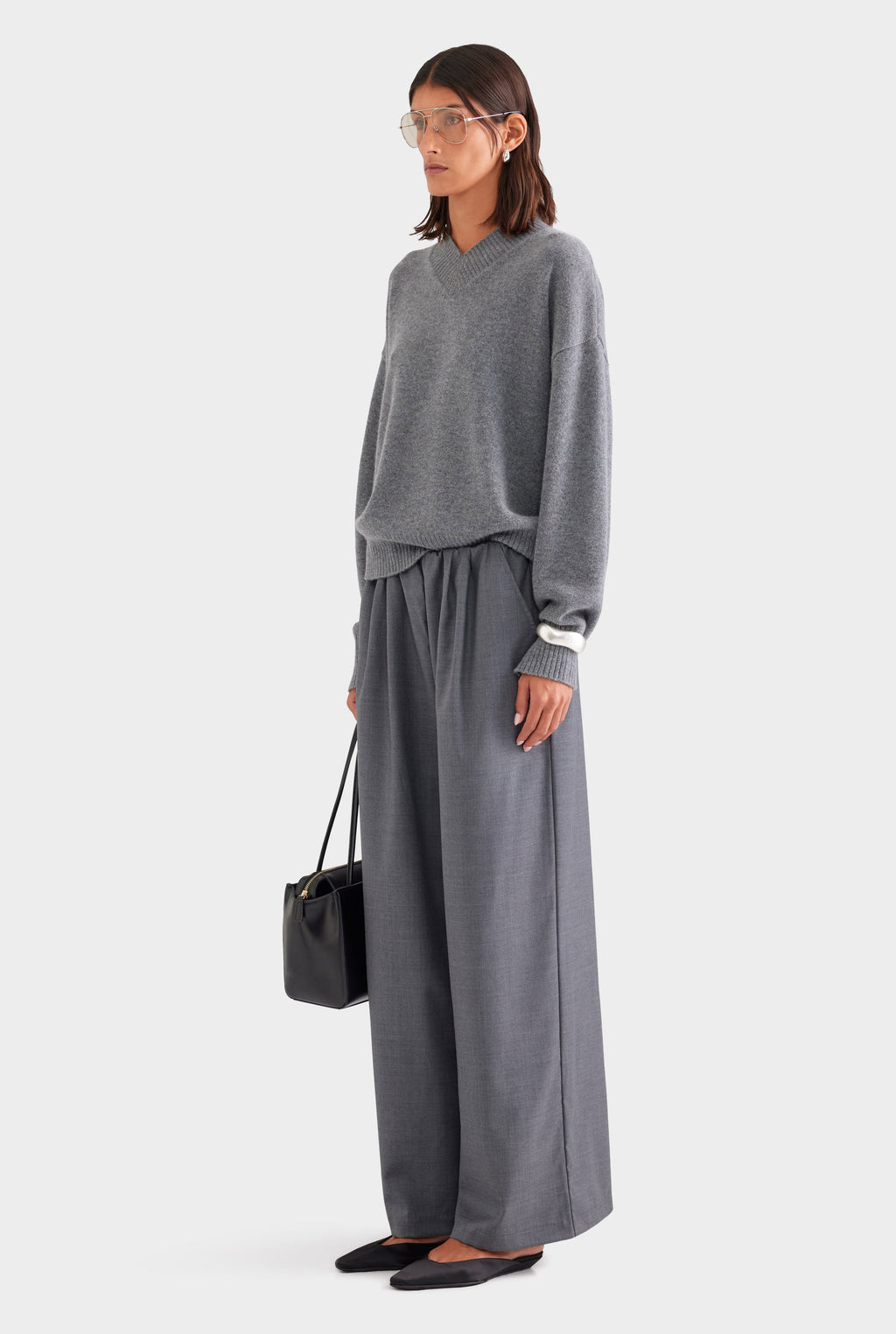 Wool Cashmere V Neck Sweater - Charcoal Marl