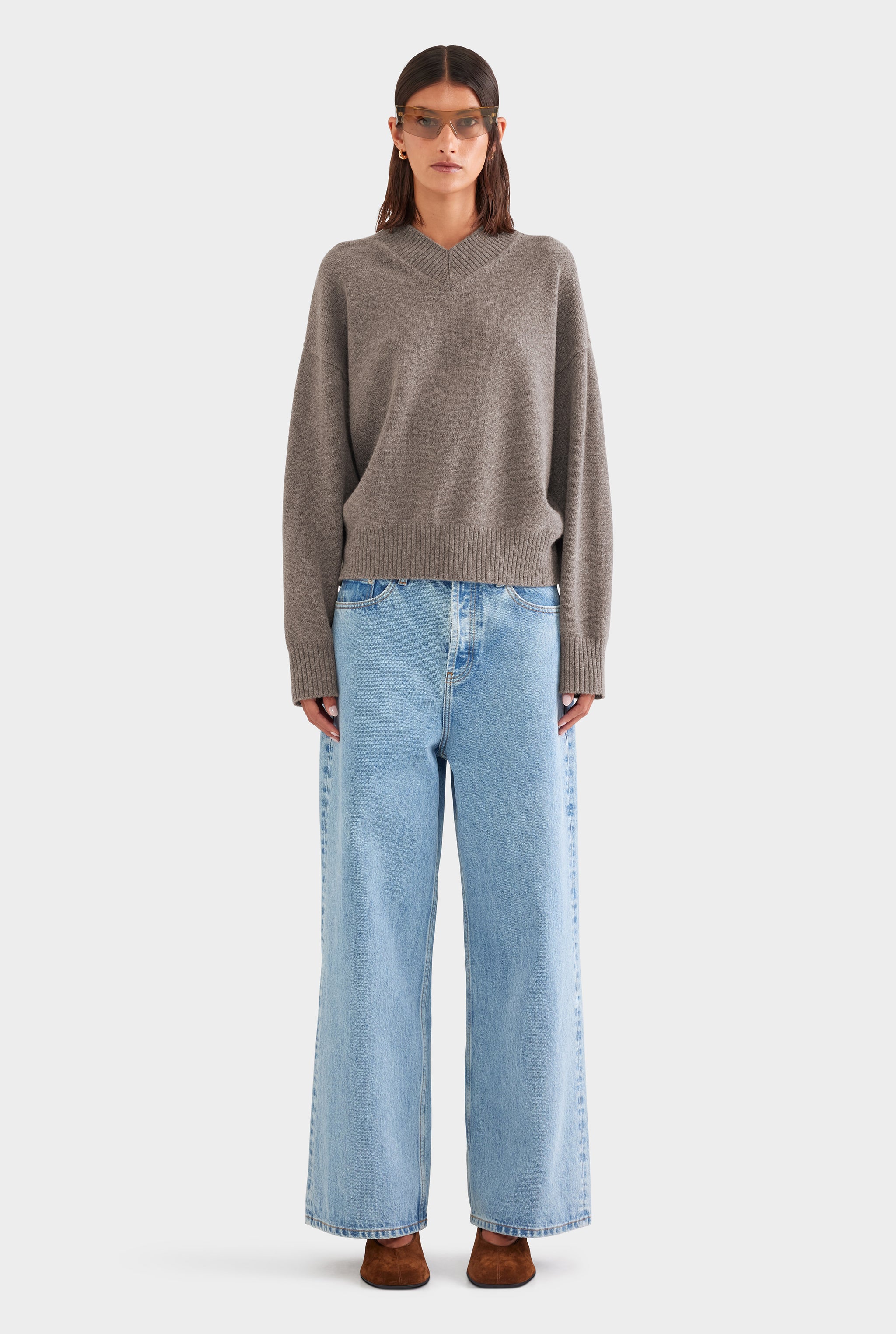 Wool Cashmere V Neck Sweater - Brown Marl