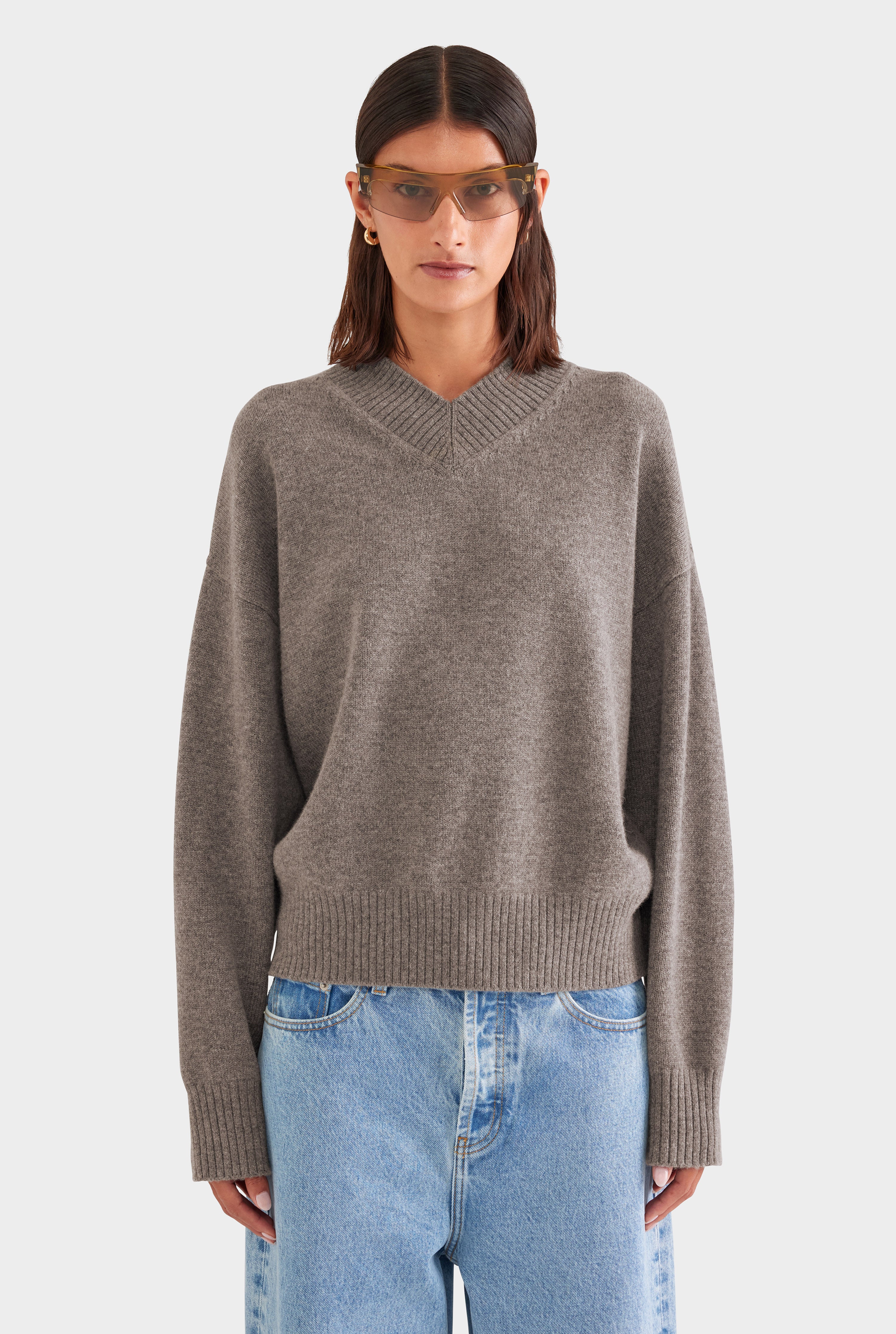 Wool Cashmere V Neck Sweater - Brown Marl