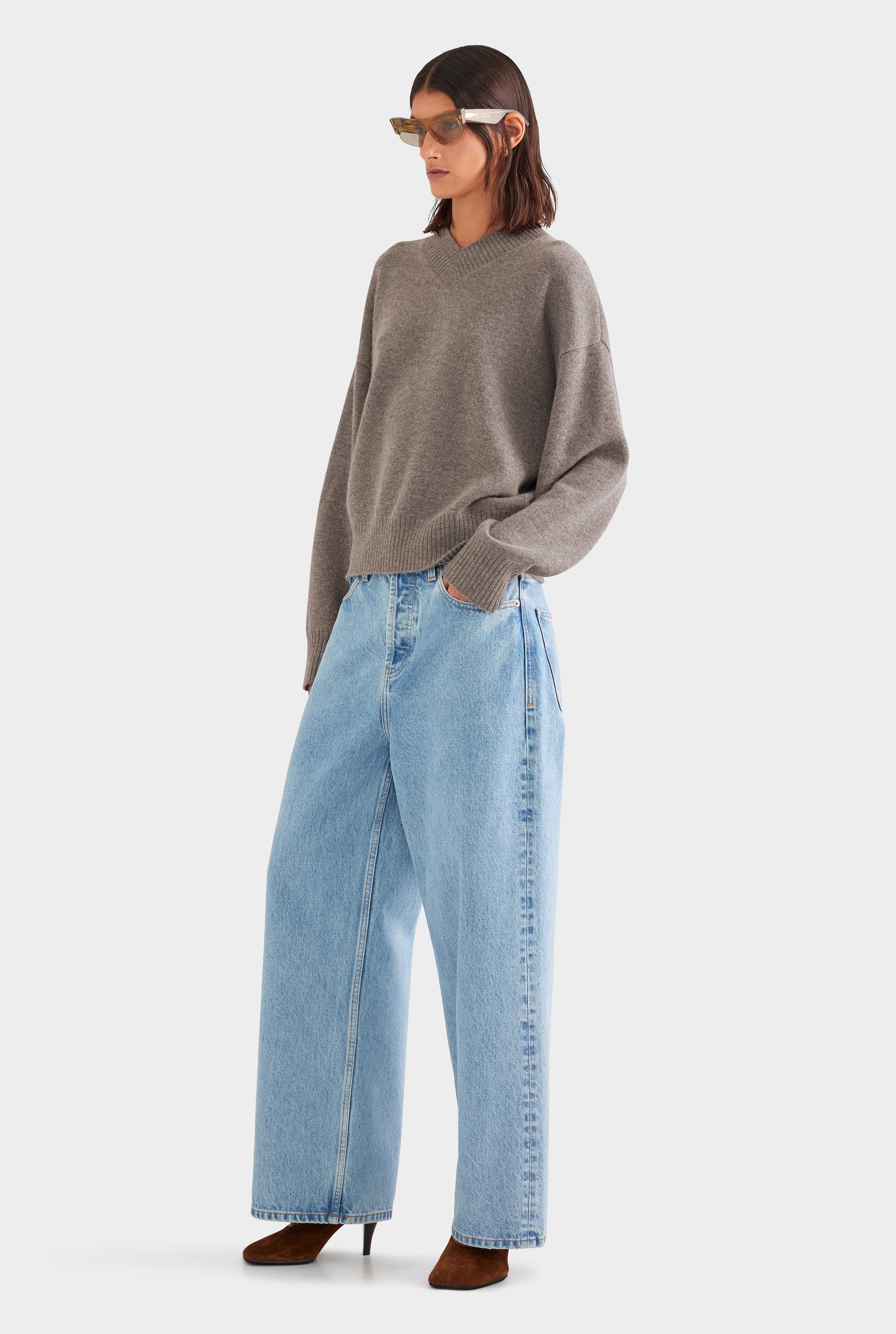 Wool Cashmere V Neck Sweater - Brown Marl