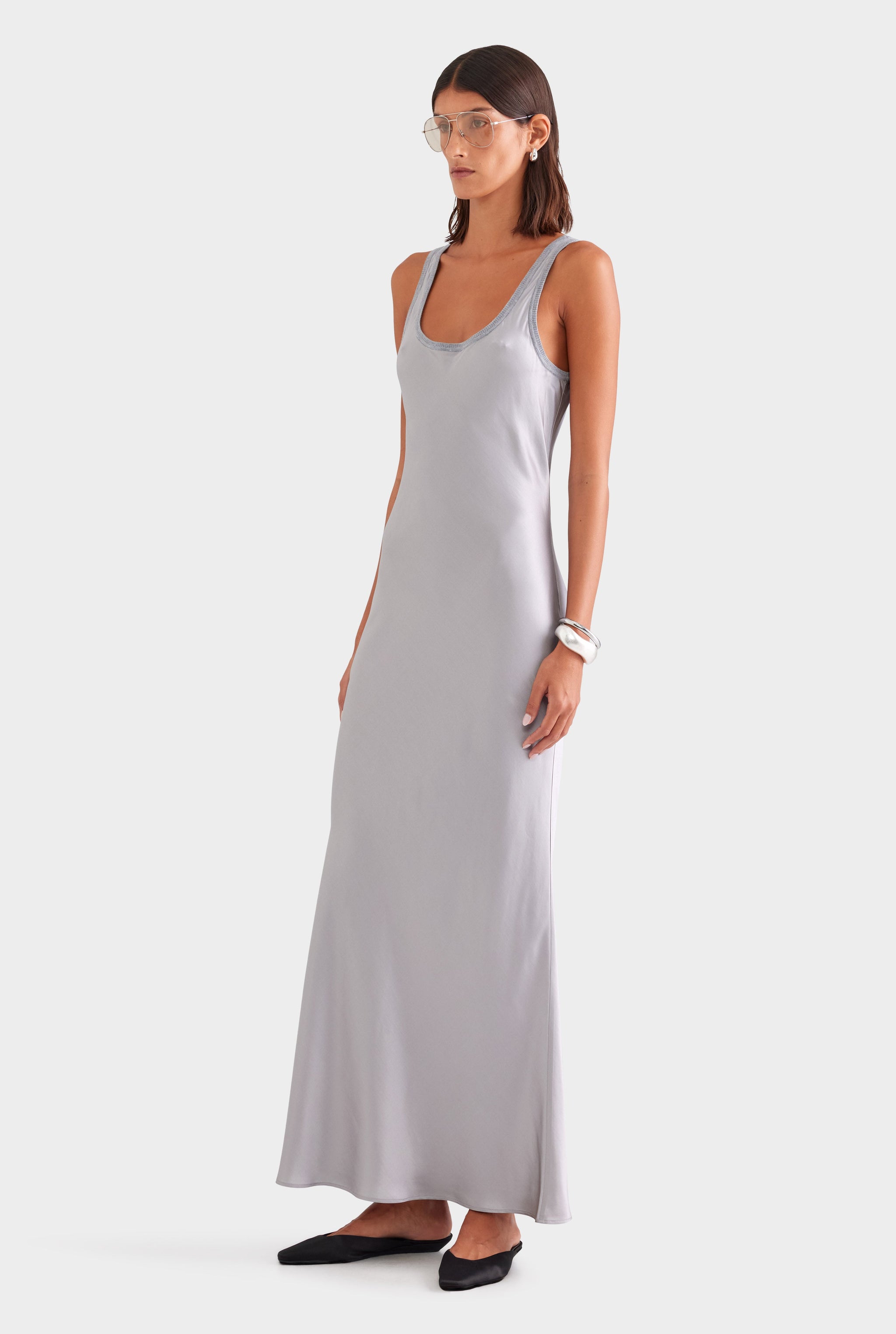 Bias Satin Tank Dress - Silver/Grey Marl