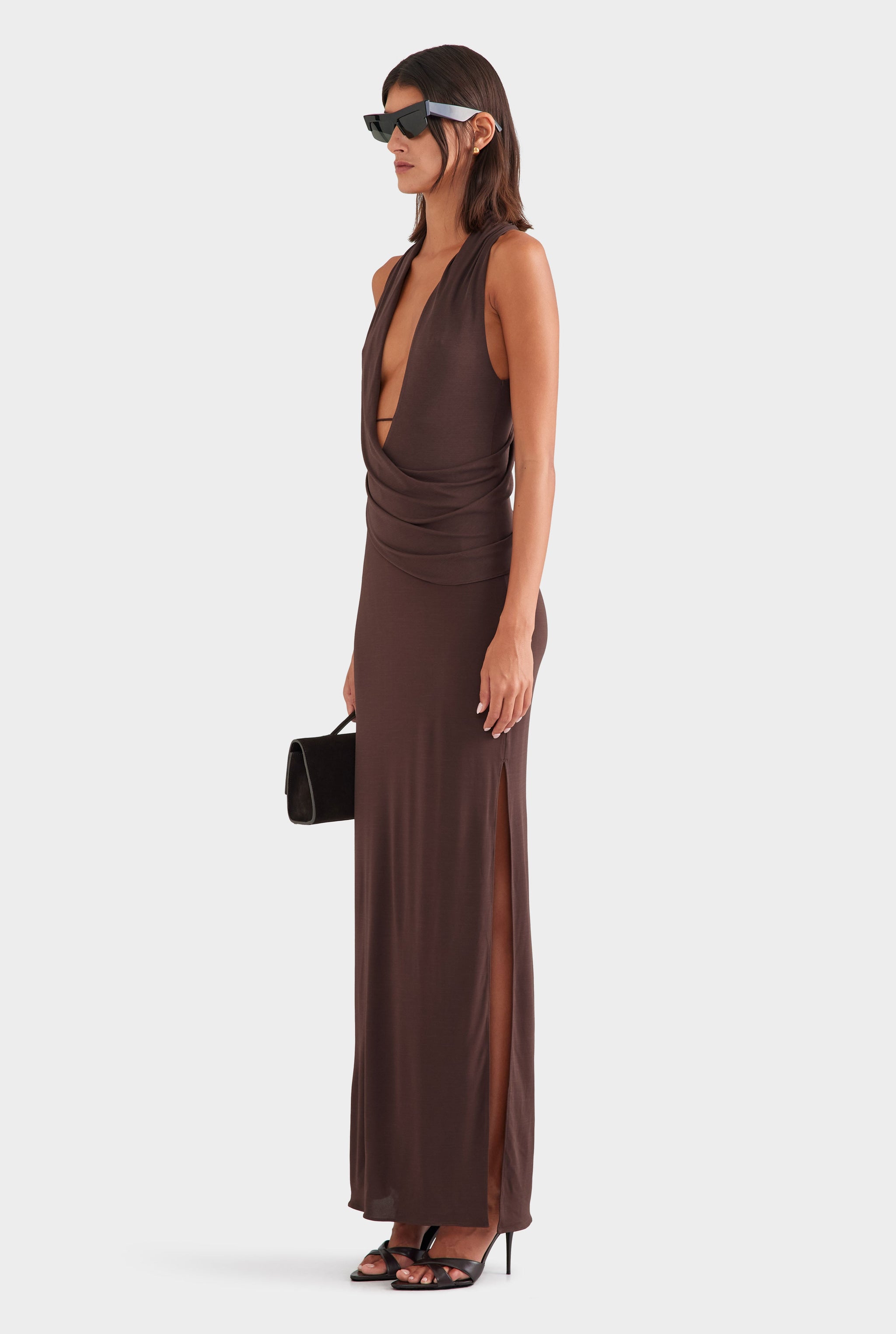 Side Cowl Maxi Dress - Chocolate
