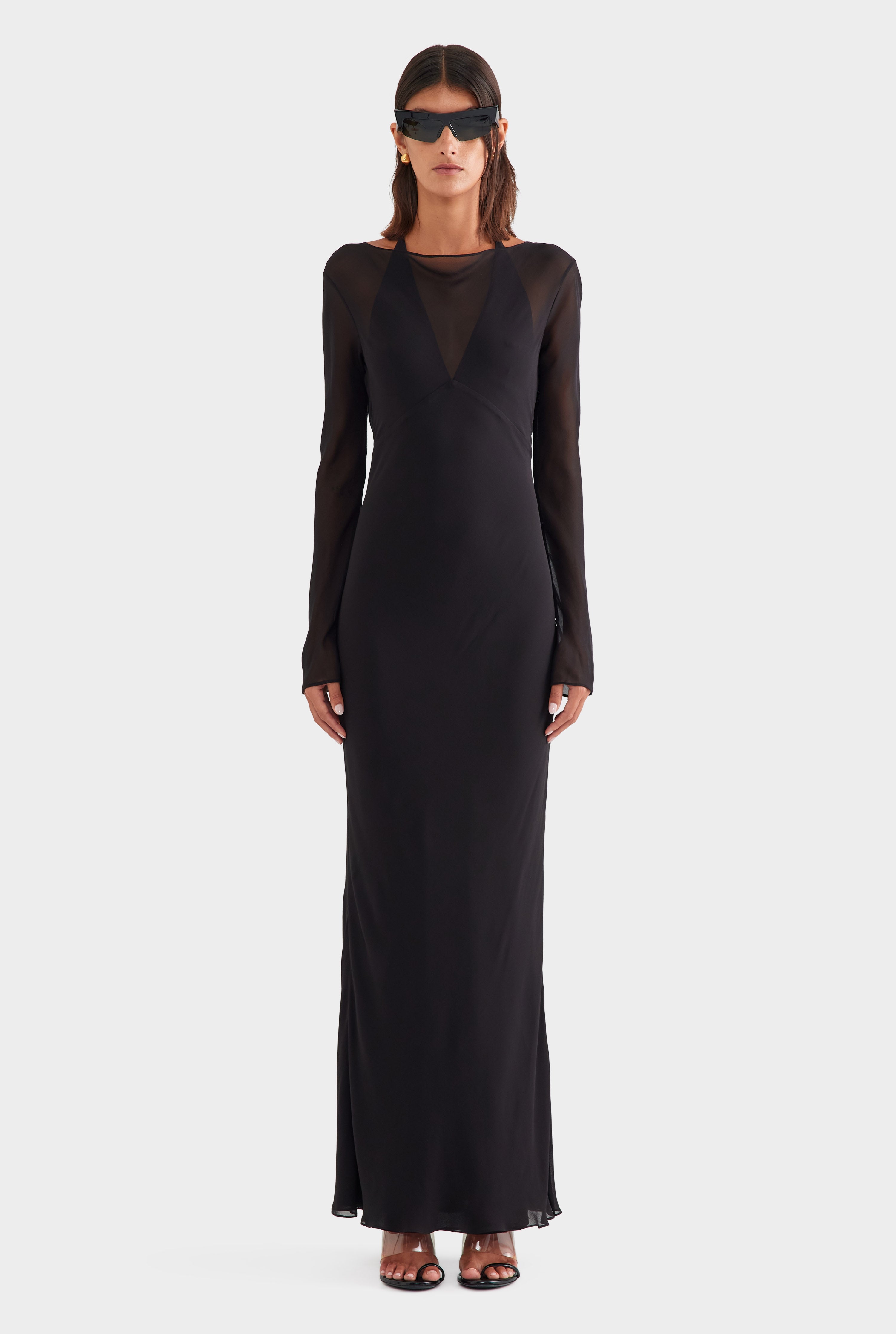 Silk Layered Long Sleeve Maxi Dress - Black