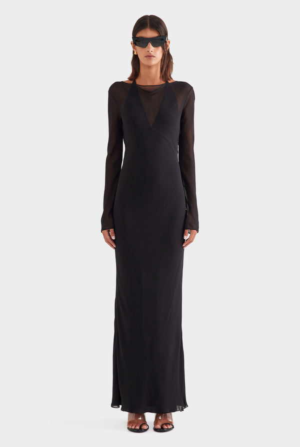 Silk Layered Long Sleeve Maxi Dress - Black