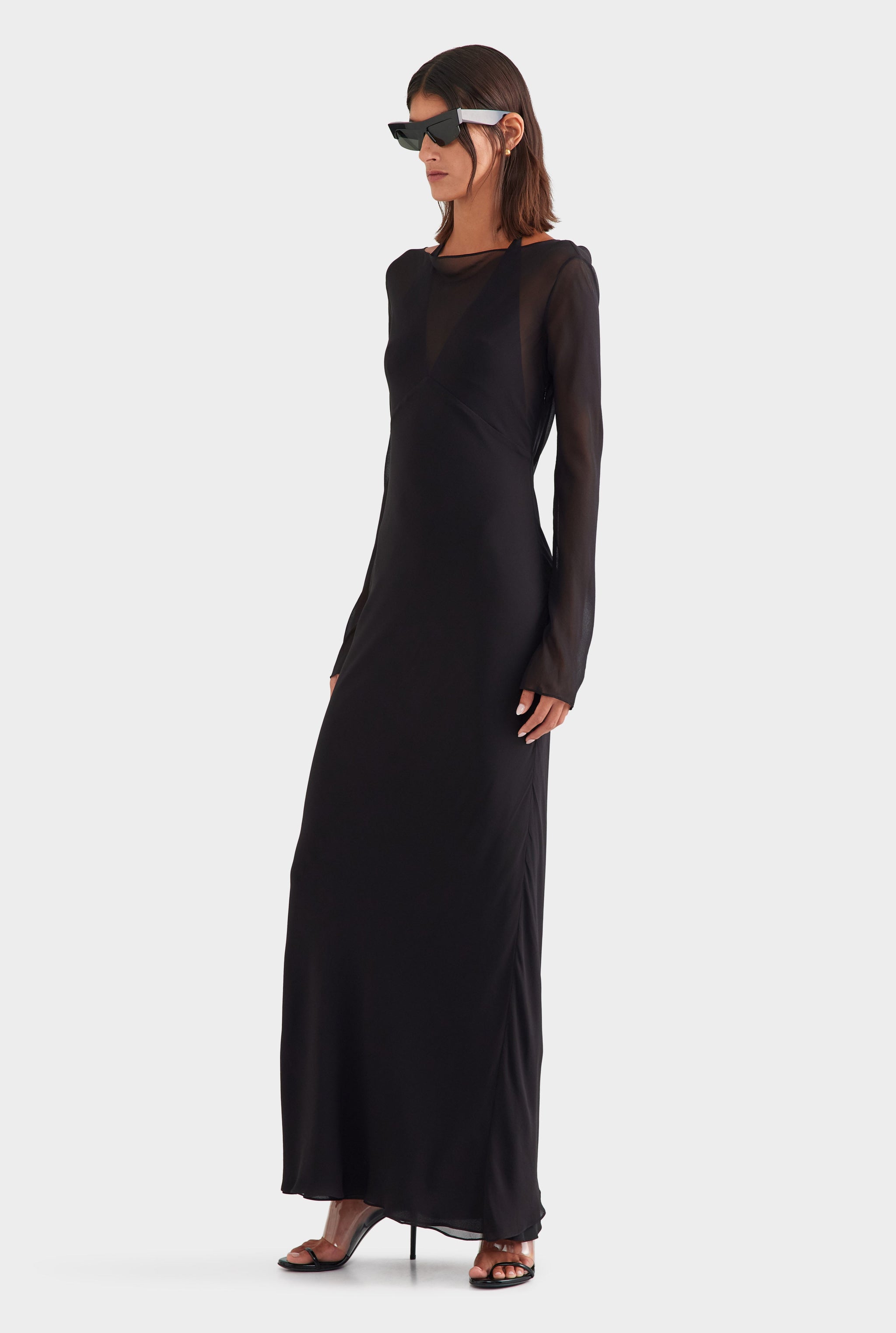 Silk Layered Long Sleeve Maxi Dress - Black