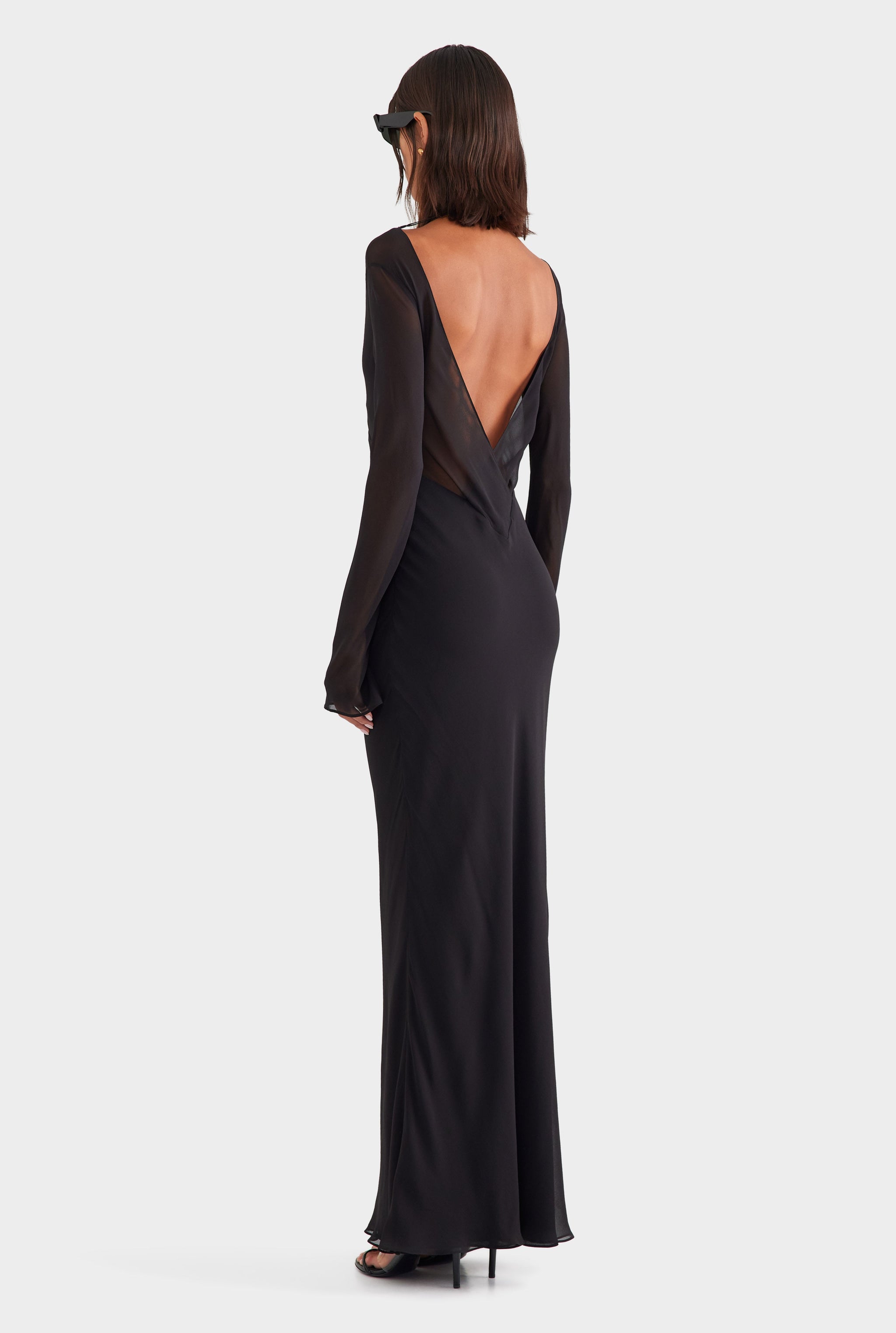 Silk Layered Long Sleeve Maxi Dress - Black