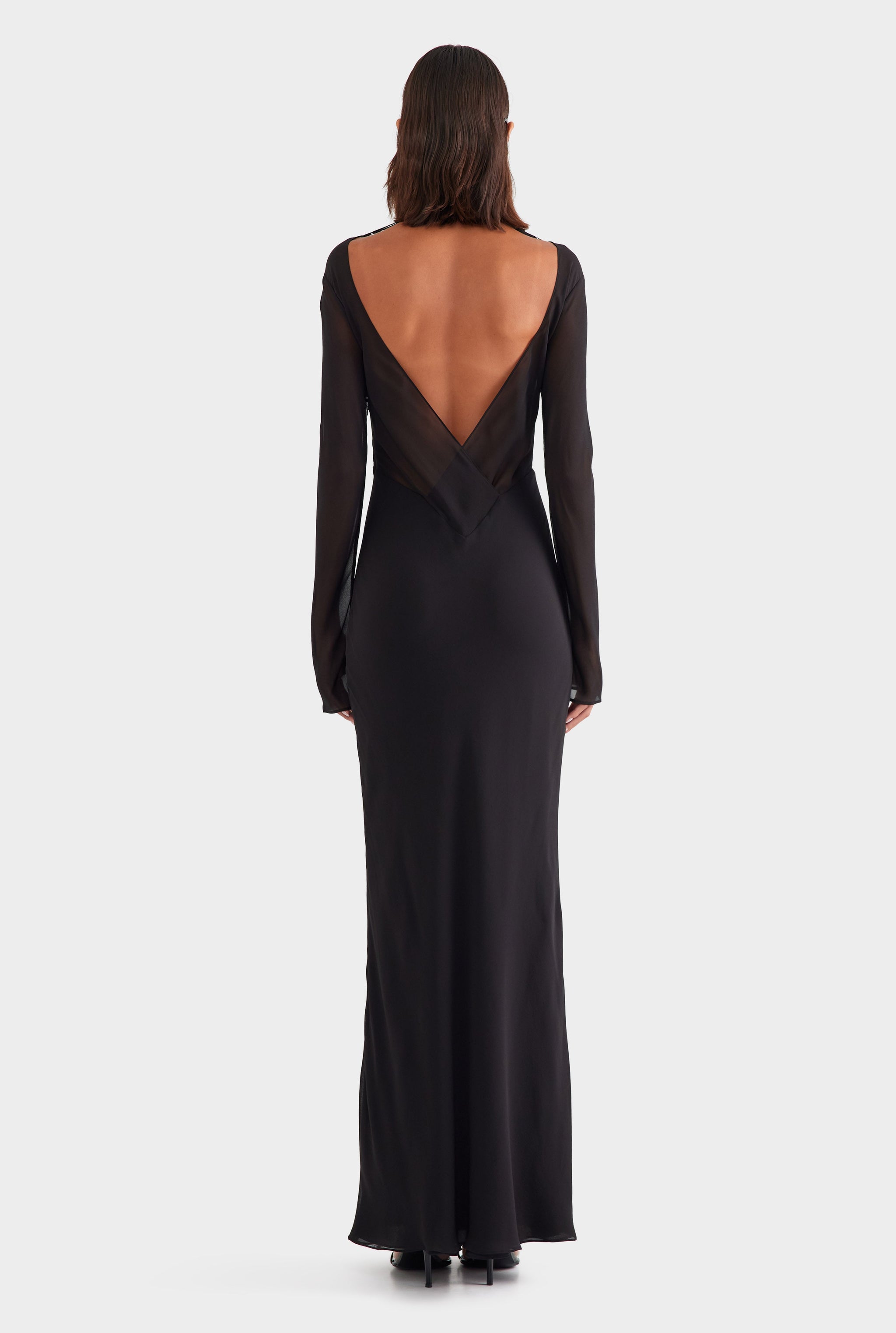 Silk Layered Long Sleeve Maxi Dress - Black