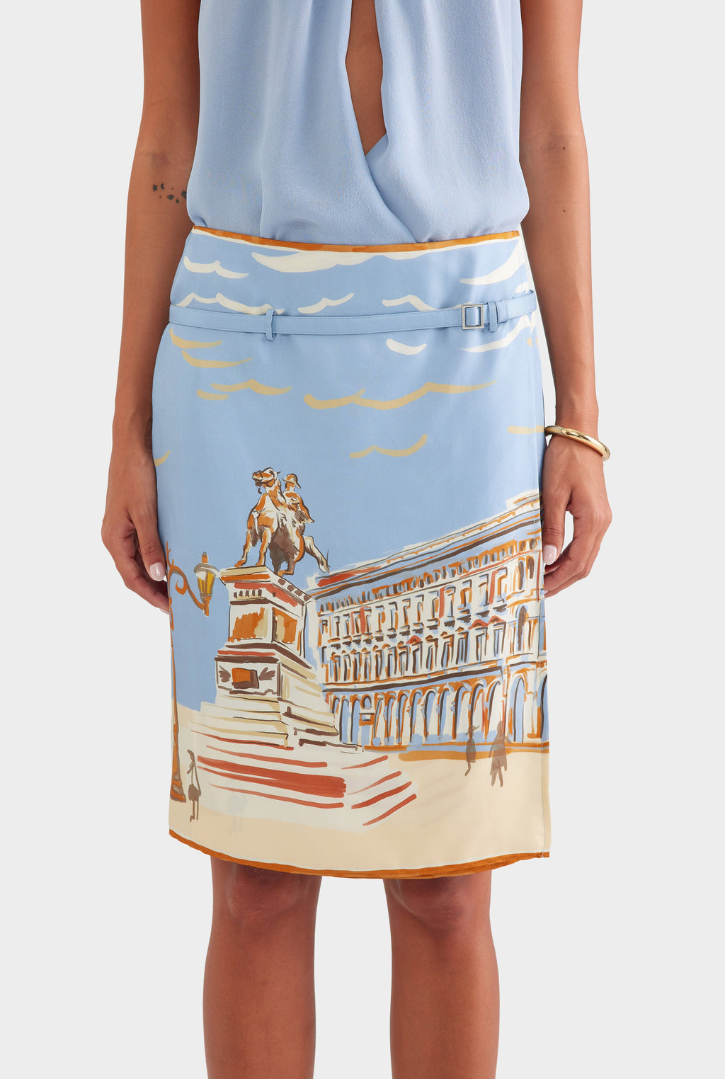 Silk Twill Belted Skirt - Milano Galleria/Powder Blue
