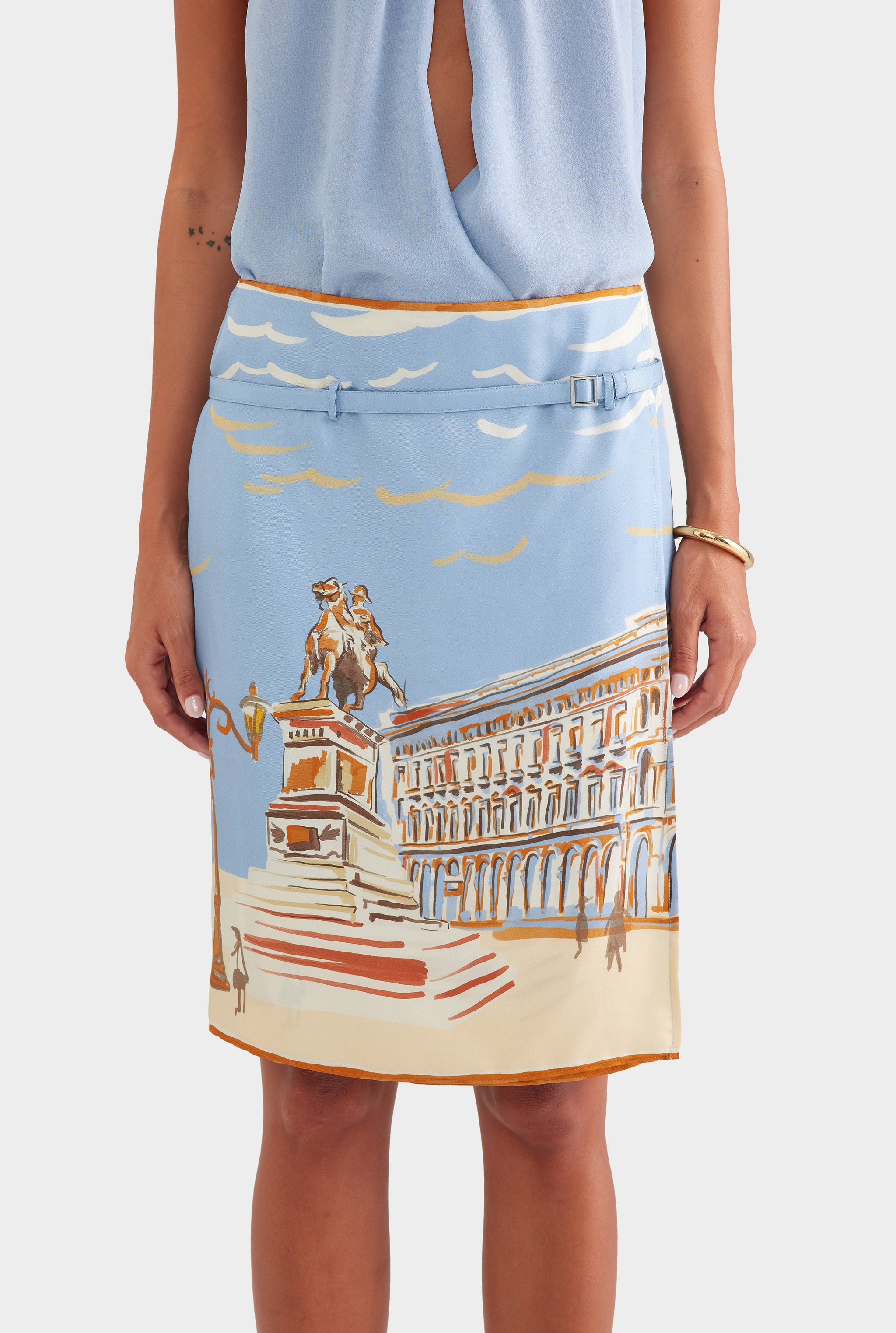Silk Twill Belted Skirt - Milano Galleria/Powder Blue