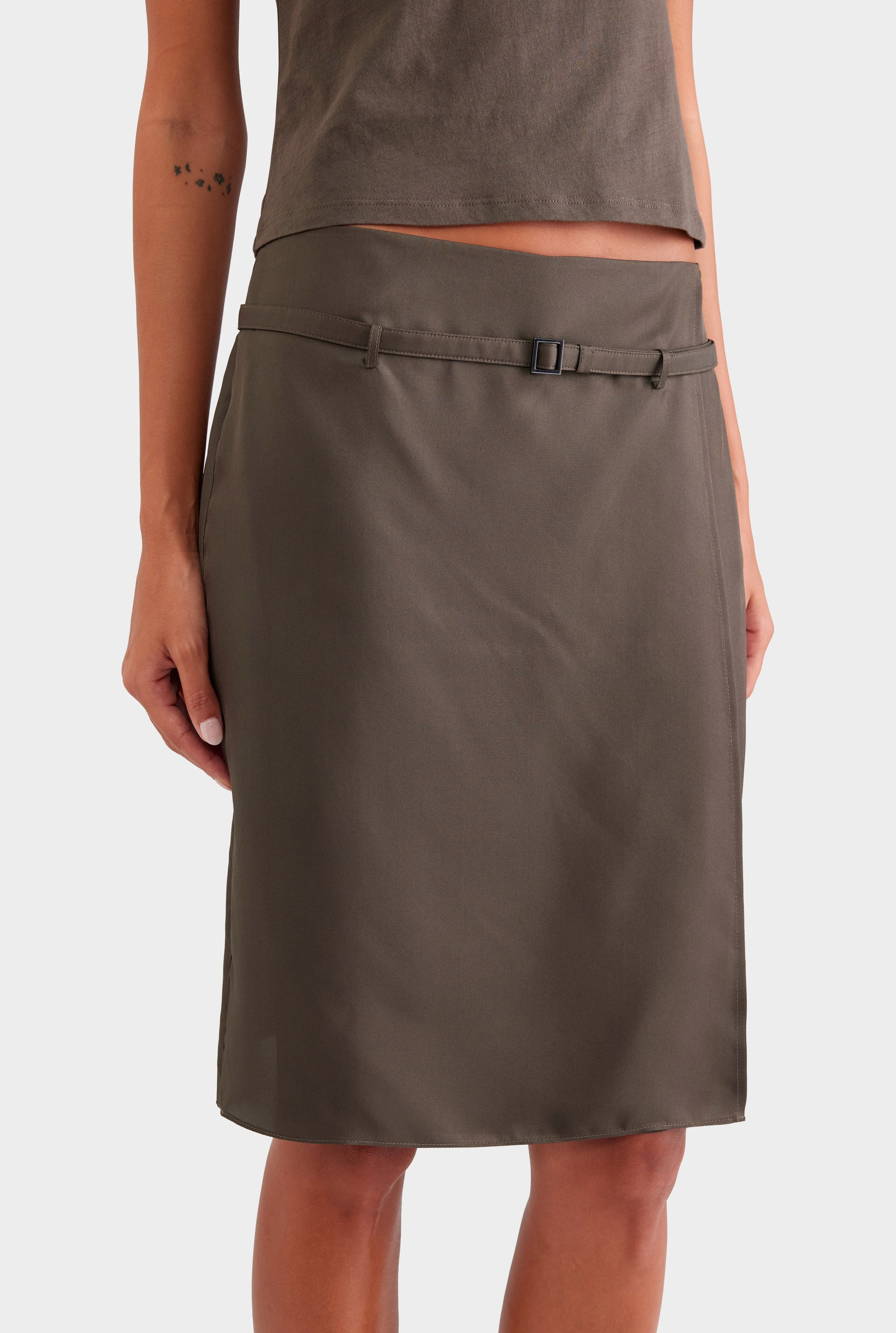 Silk Twill Belted Skirt - Dark Olive