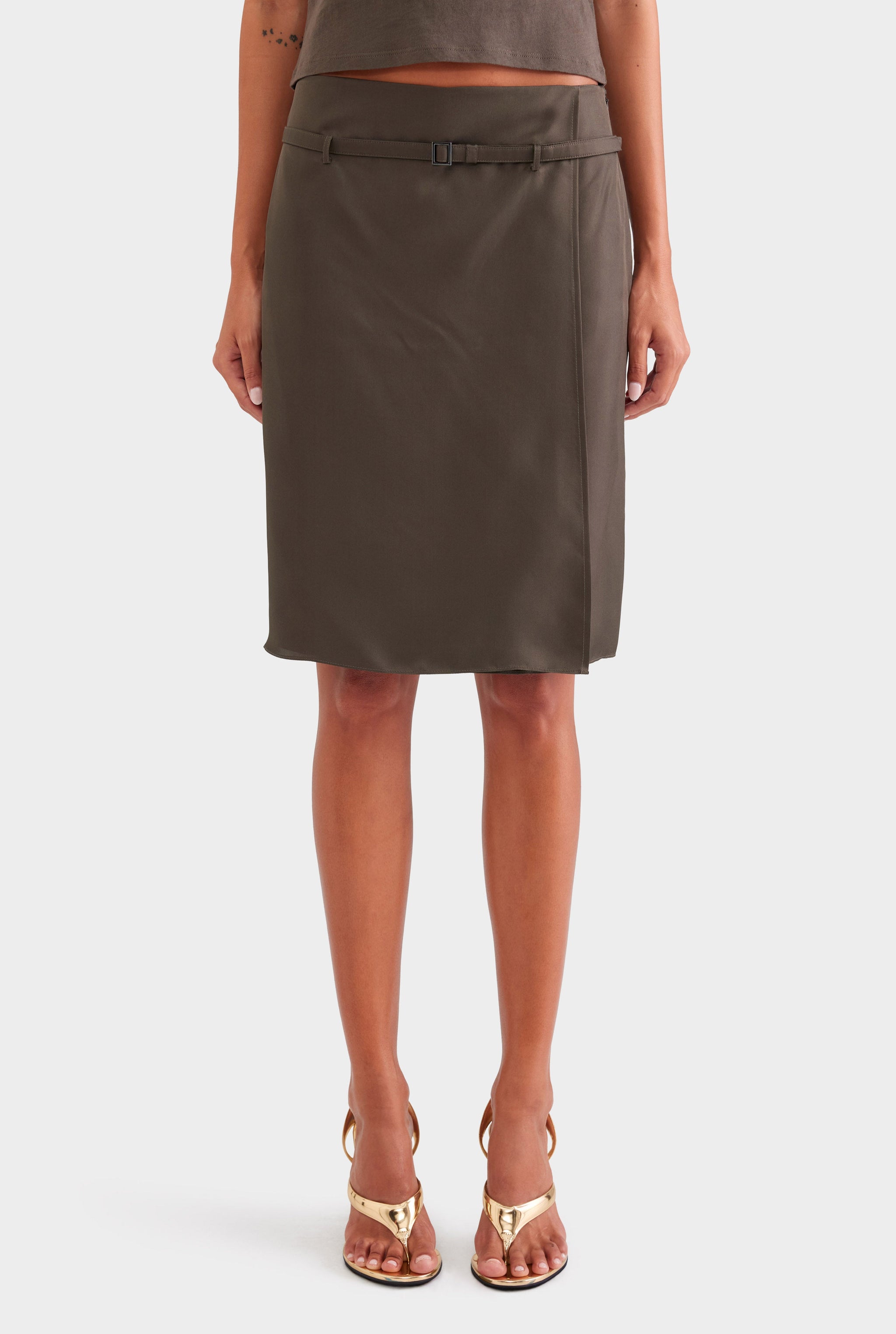 Silk Twill Belted Skirt - Dark Olive