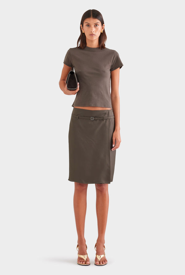 Silk Twill Belted Skirt - Dark Olive