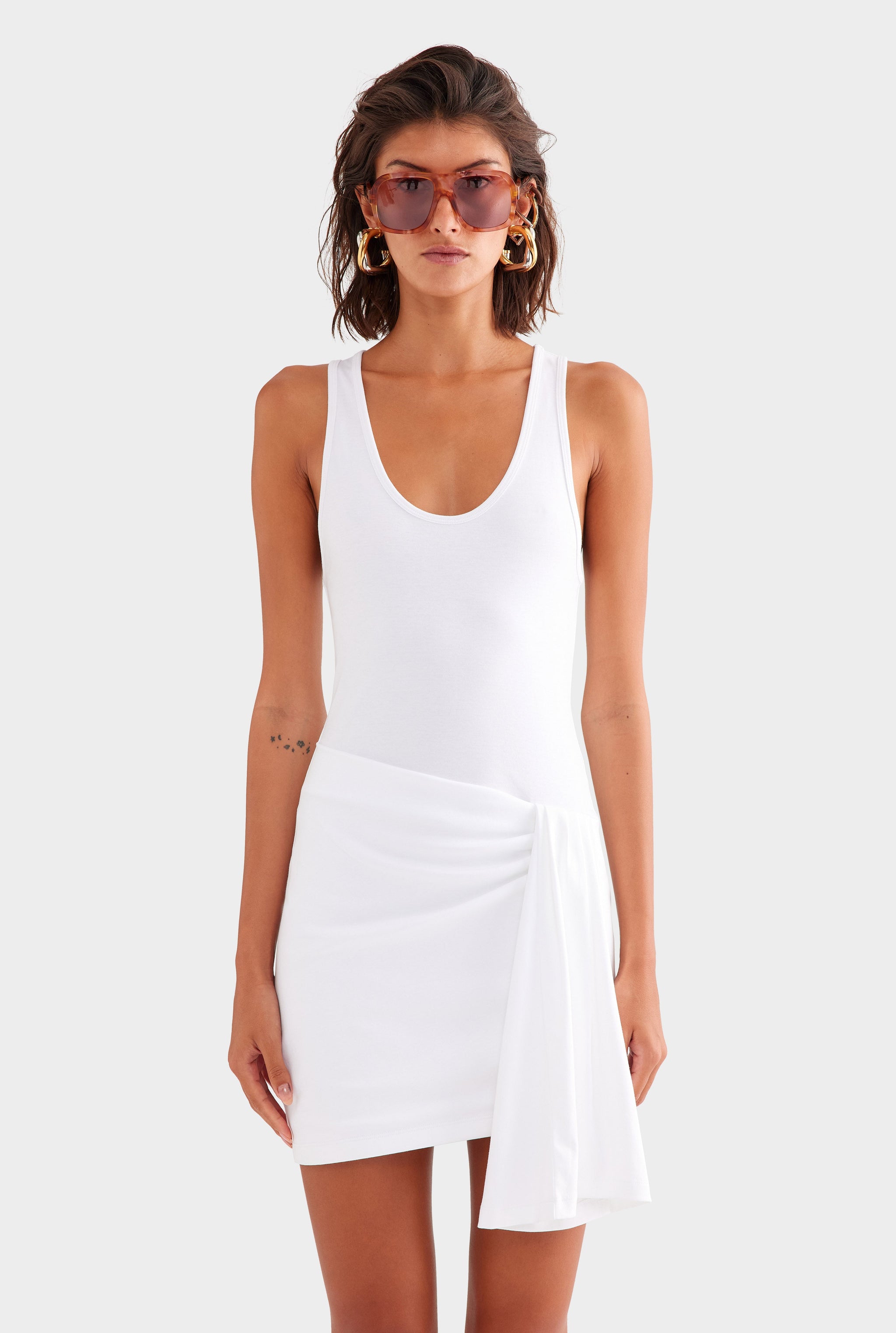 Asymmetric Draped Jersey Tank Dress - White