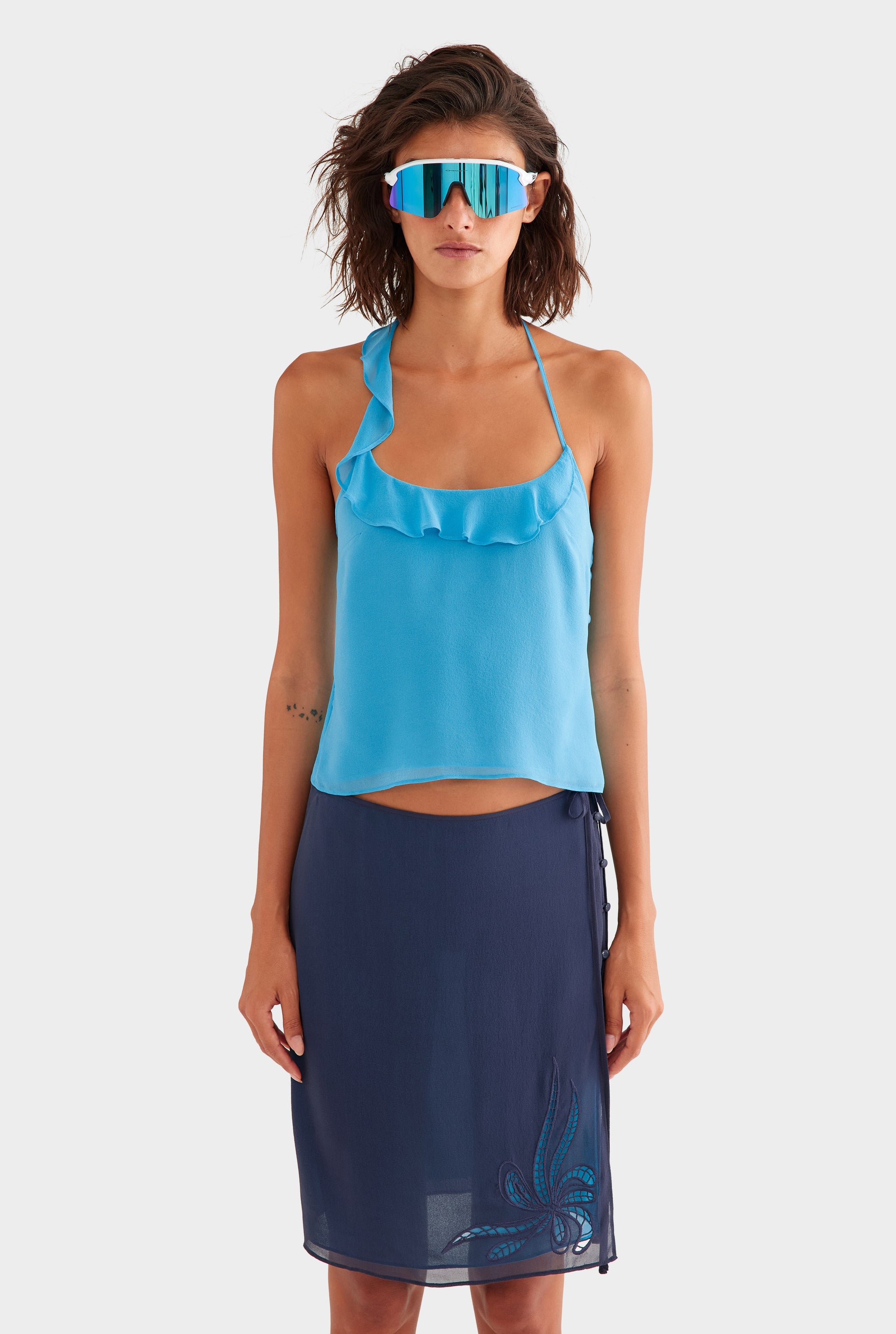 Layered Embroidered Silk Skirt - Navy/Bright Blue