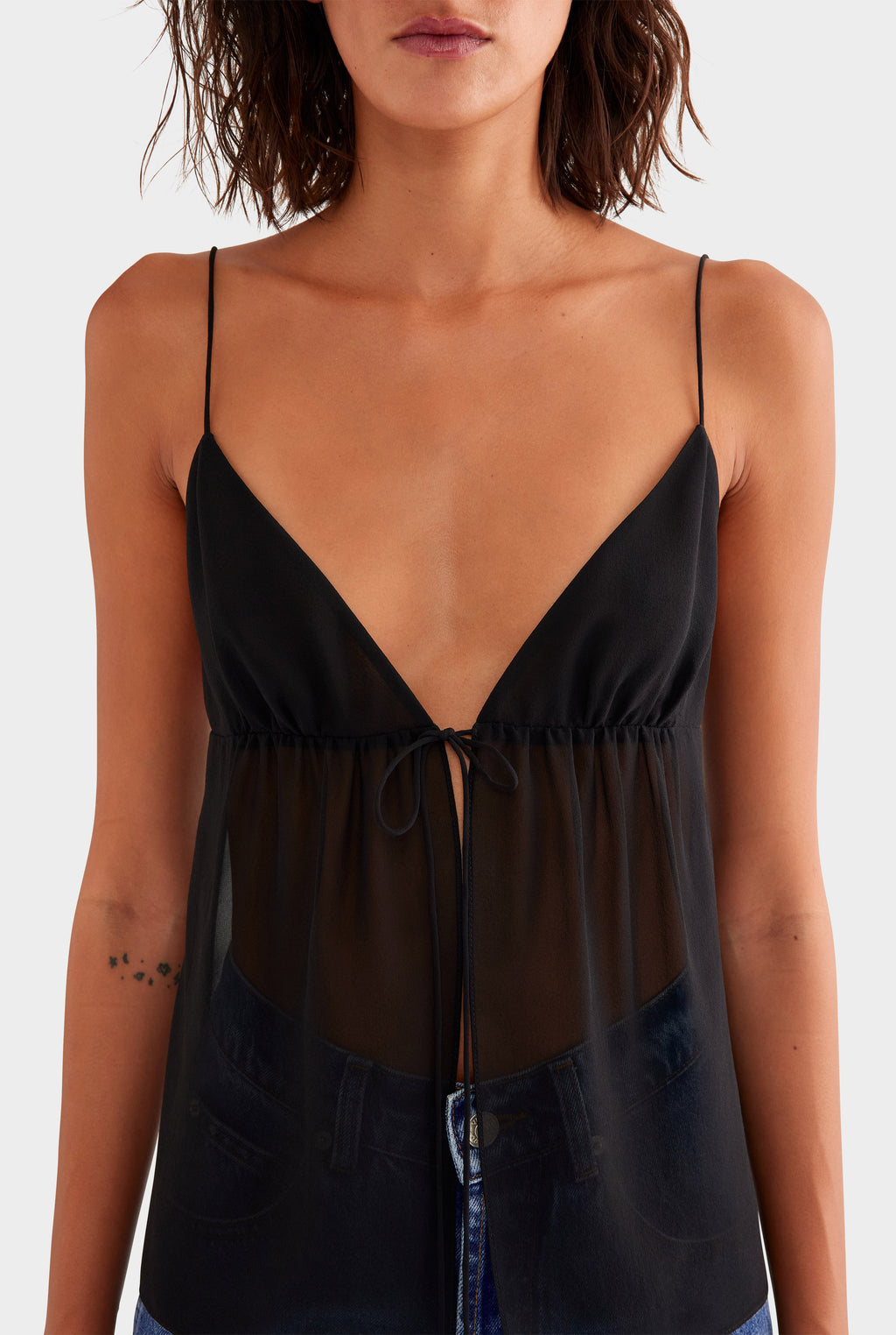 Tie Front Silk Georgette Cami - Black