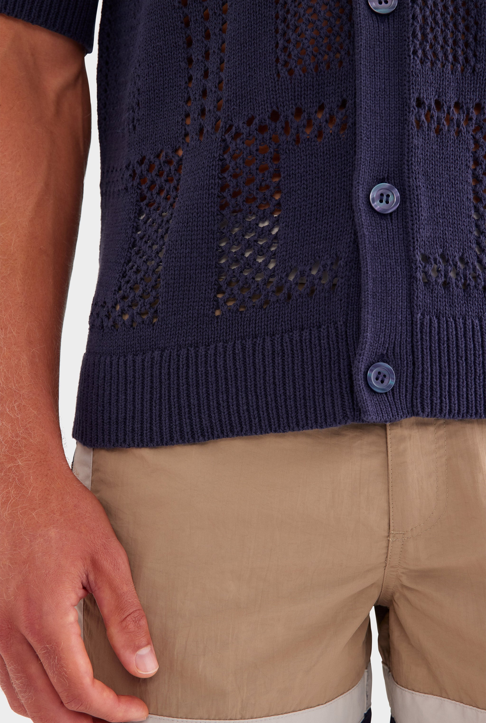 Check Crochet Knit Shirt - Navy