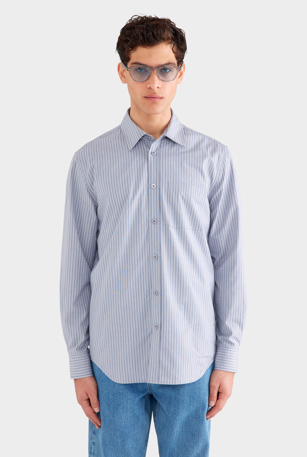 Classic Cotton Stripe Long Sleeve Shirt - Grey/Blue Check