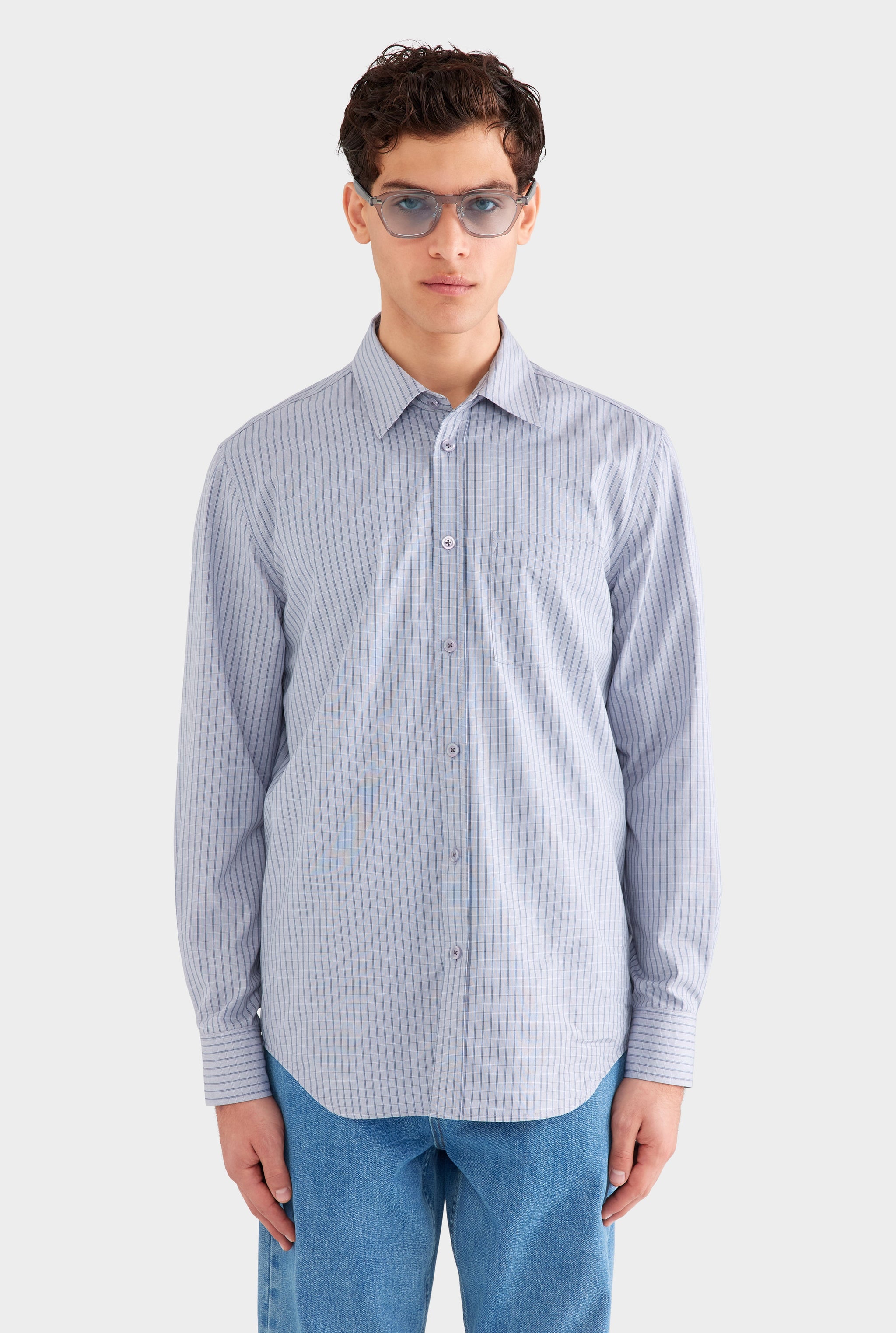 Classic Cotton Stripe Long Sleeve Shirt - Grey/Blue Check